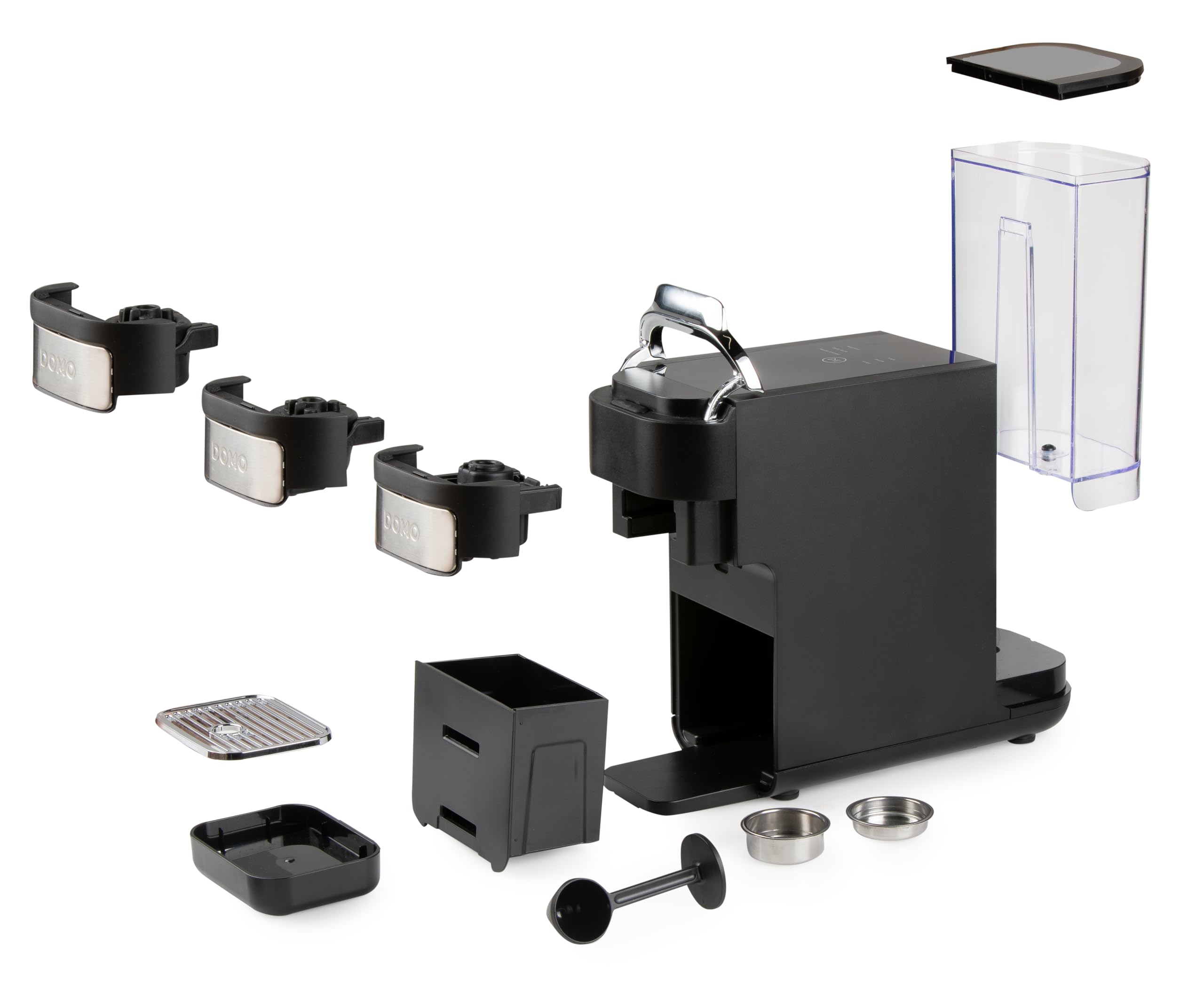 DOMO DO748K Máquina de café de cápsulas 4 en 1 – Cafetera espresso y capuchino para Nespresso, Dolce Gusto, ESE y café molido – Control táctil – Cuchara dosificadora con tamper