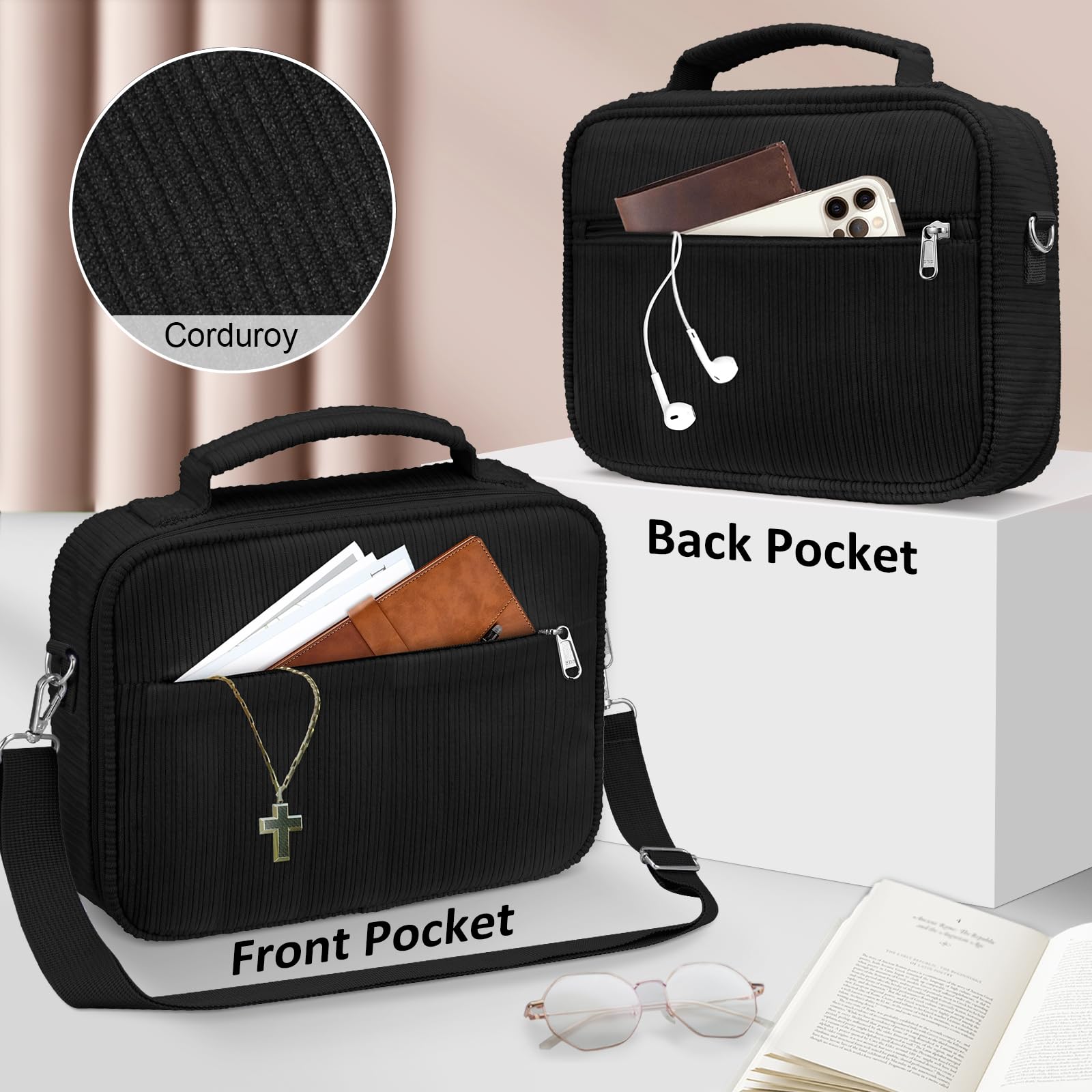FINPAC Large Bible Cover Bible Cover, Carry Bible Bag with Shoulder Strap, Corduroy Fabric Bible Book Cover Church Bag, Bible Protector with Zip Pocket for Men Women - Image 4