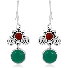 Natural Gemstone Dangle Earrings for Women in Handmade 925 Sterling Silver Round Gemstone Drop Earrings with Bezel Setting & Fish Hook Back, Boho Festival Jewelry Gift, Spiritual Protection Stone