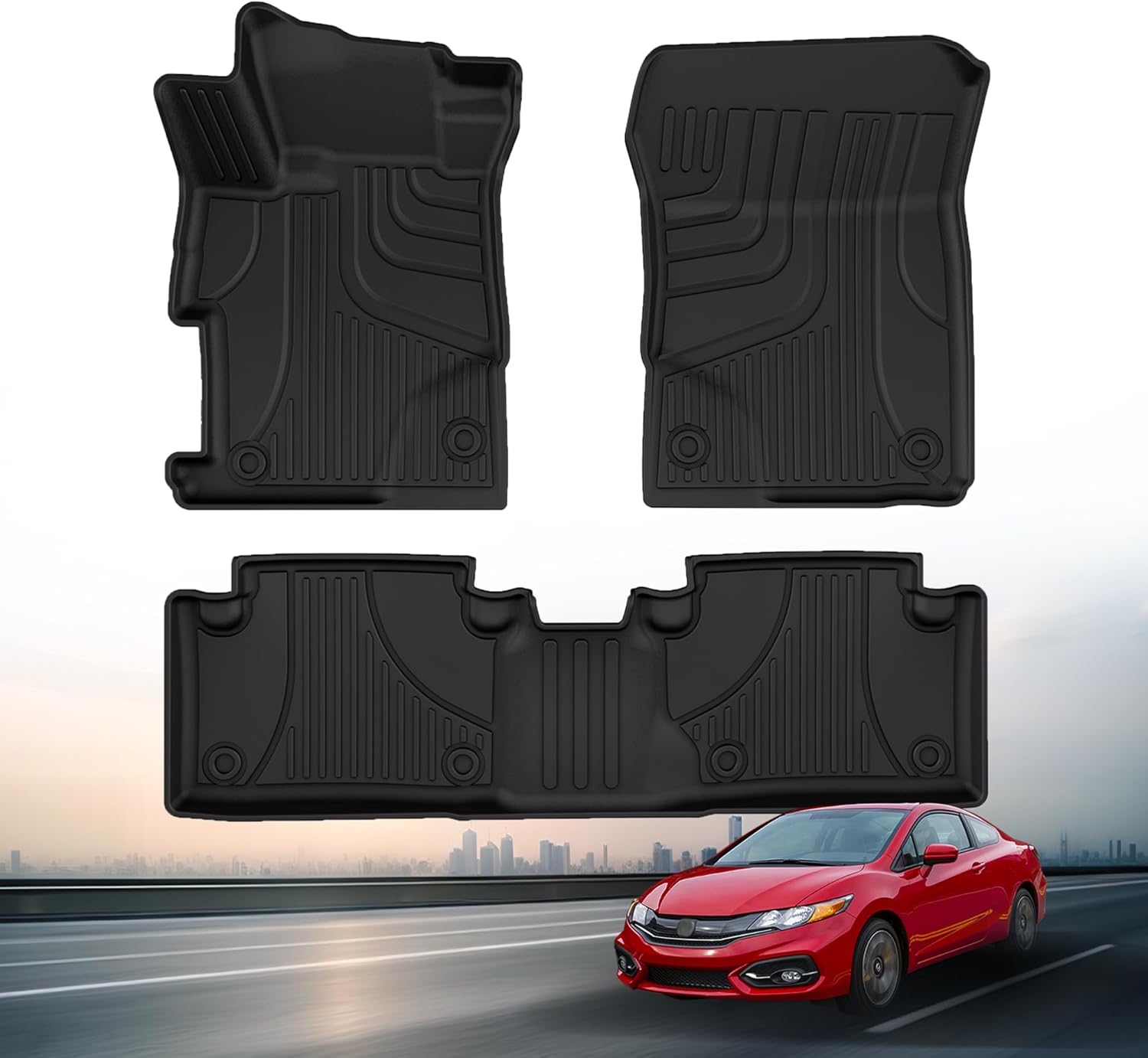 Floor Mats Compatible with Honda Civic Sedan 2012 2013 2014 2015, All Weather Custom Fit Floor Liners Full Set Include 1st and 2nd Row, TPE Automotive Floor Mats Black (4 Doors) Floor Mats for 12-13 Civic