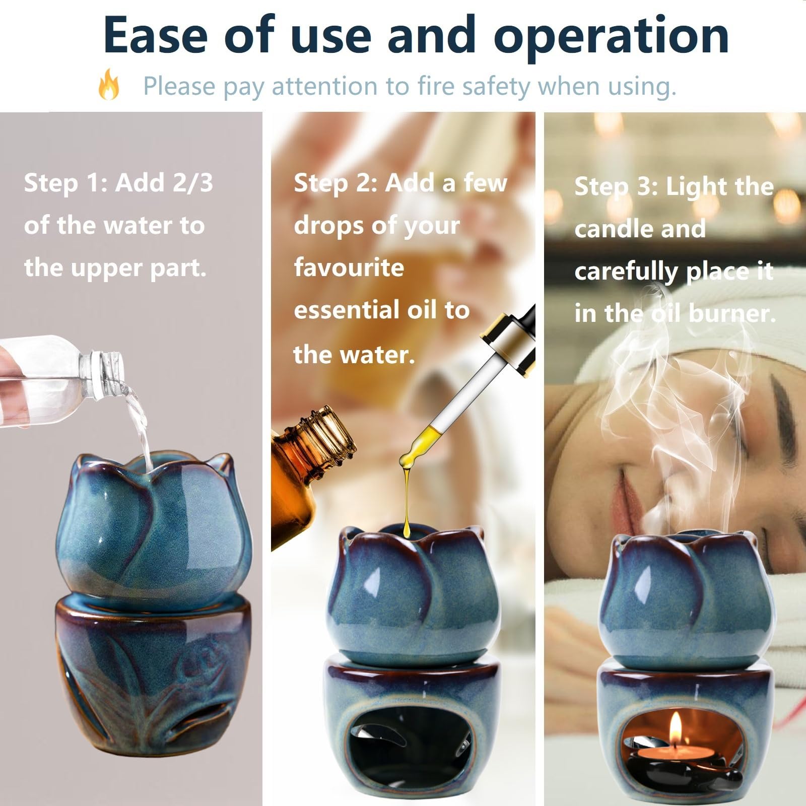 Quemador de Aceite Esencial de Cerámica, Quemador de Cera Derretida, Difusor de Aceite Aromático, Qemador Aceites Esenciales para Hogar, Oficina, Dormitorio