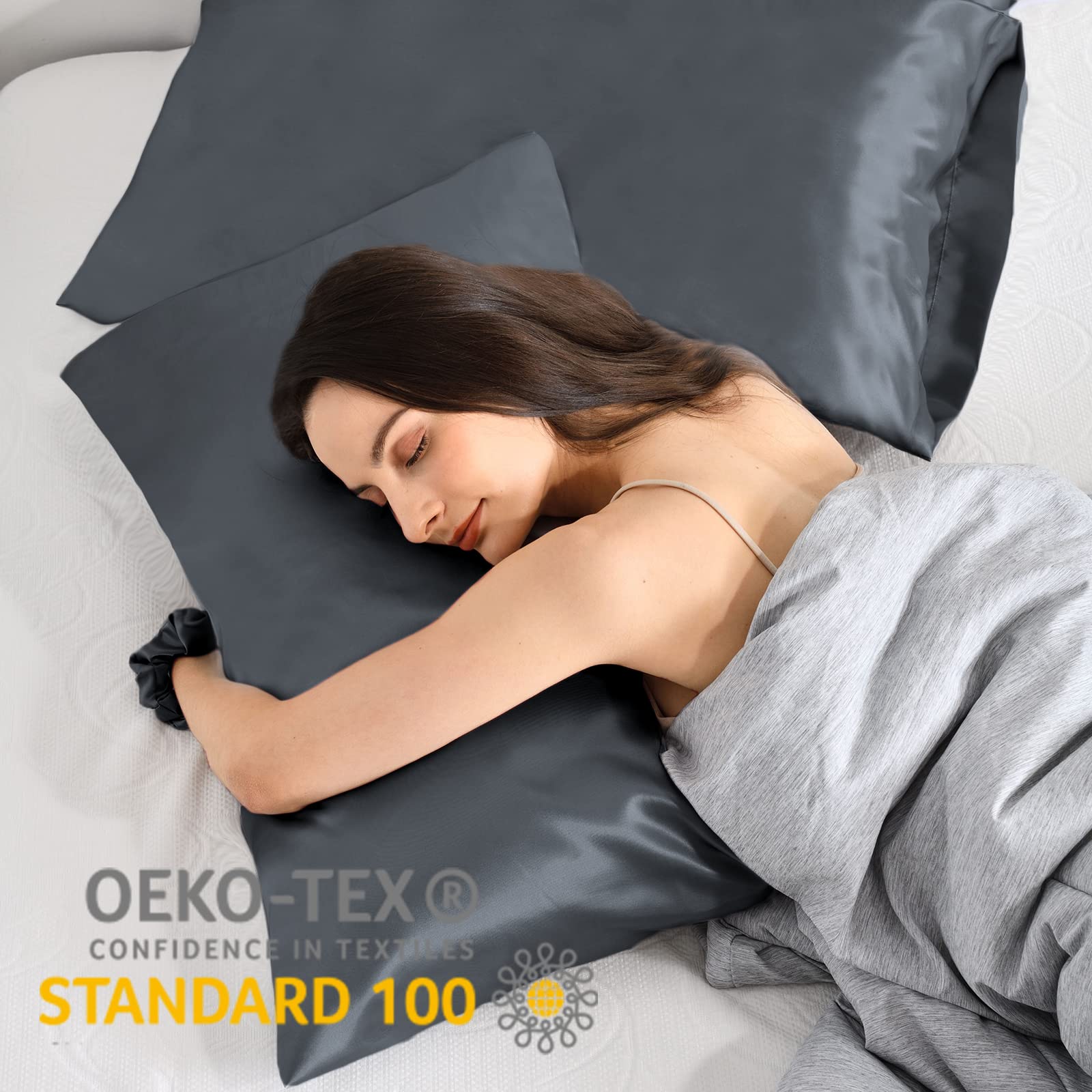 Vielit Satin Pillowcase for Hair and Skin Cooling,Soft as Silk Pillowcase for Hair and Skin,Easier Care than Silk Pillow Cases 4 Pack Darkgrey 50x75cm Gifts for Women Envelope & 2 Scrunchies - Image 2