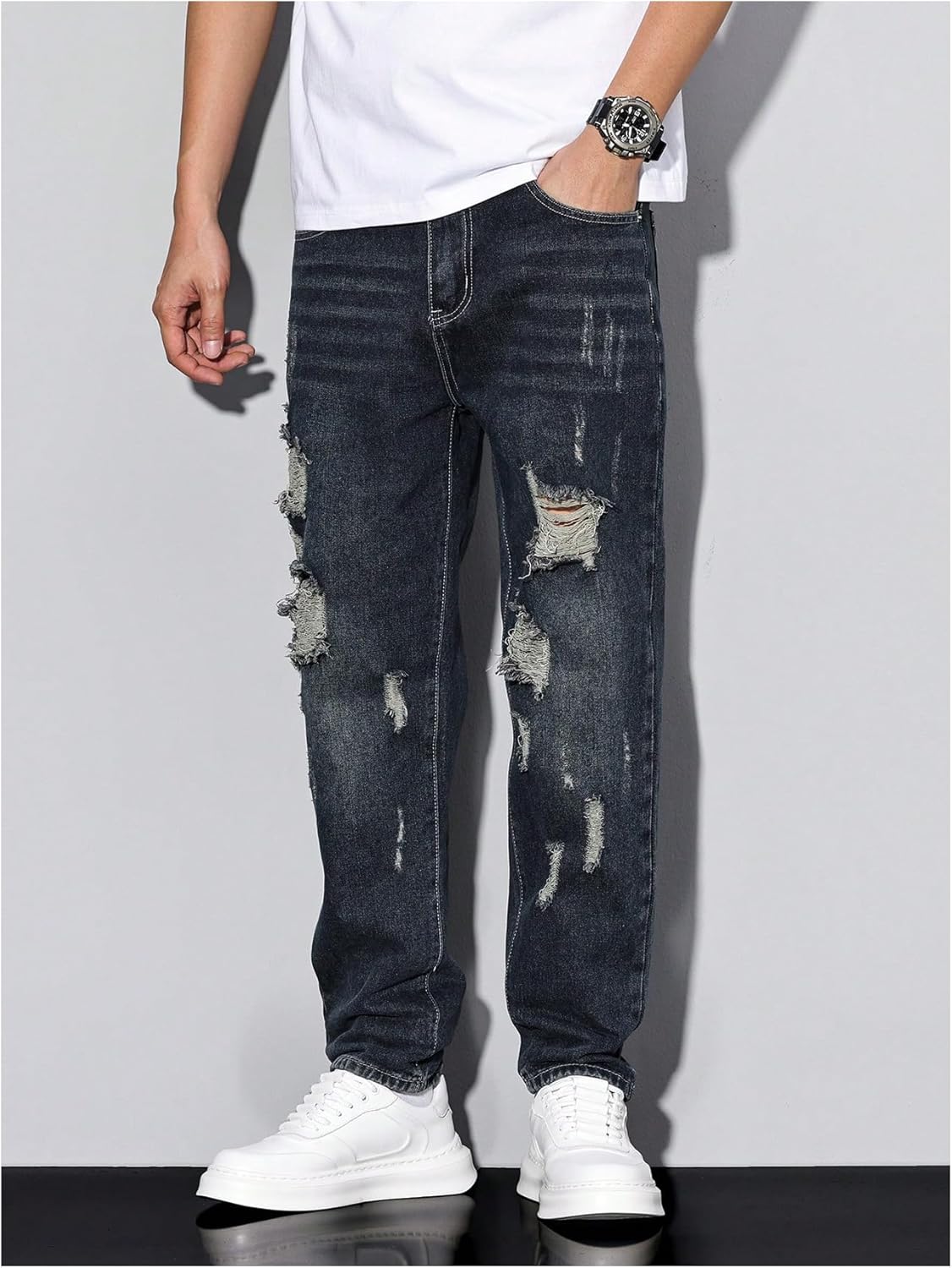 Verdusa Men's Vintage Distressed Ripped Jeans Straight Leg Denim Pants with Pockets - Image 4