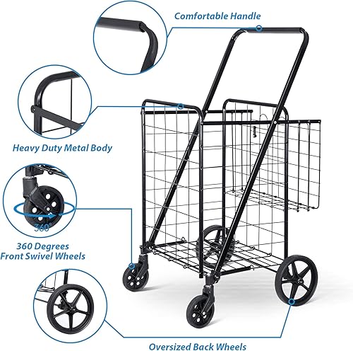 Miniatura 6 de Carrito de compras plegable y de utilidad, carrito compacto y portátil para comestibles con ruedas, dobles cestas, carros plegables para lavandería,