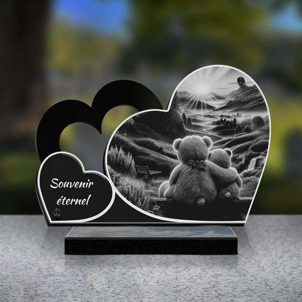 Eternel - Plaque Funéraire Personnalisée Double Cœur - Oursons, Enfant, Bébé, Peluche - Texte Personnalisable, Plaque Funéraire Gravée au Laser pour Hommage, Plaque Tombale, Cimetière, Deuil Cérémonie