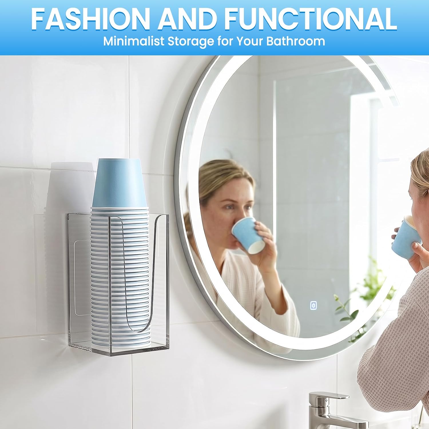Bathroom Cup Dispenser Holder for 3-4oz Cups, Wall Mount or Counter