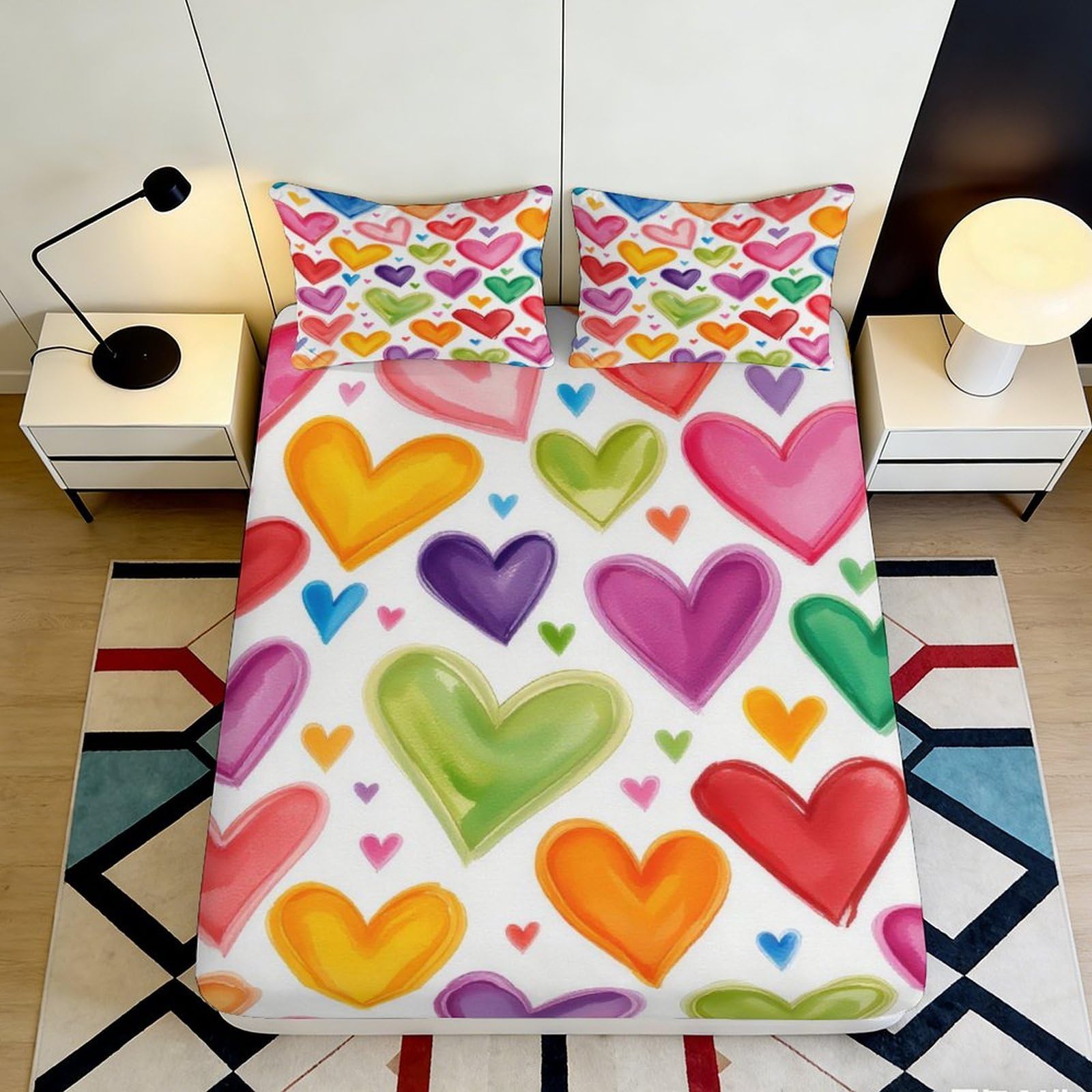 3D Printed Colorful Hearts Fitted Sheet Microfiber Soft Breathable Vibrant Heart Pattern Mattress Cover for Bedroom Dormitory Guest Room Protection 90x200x25cm