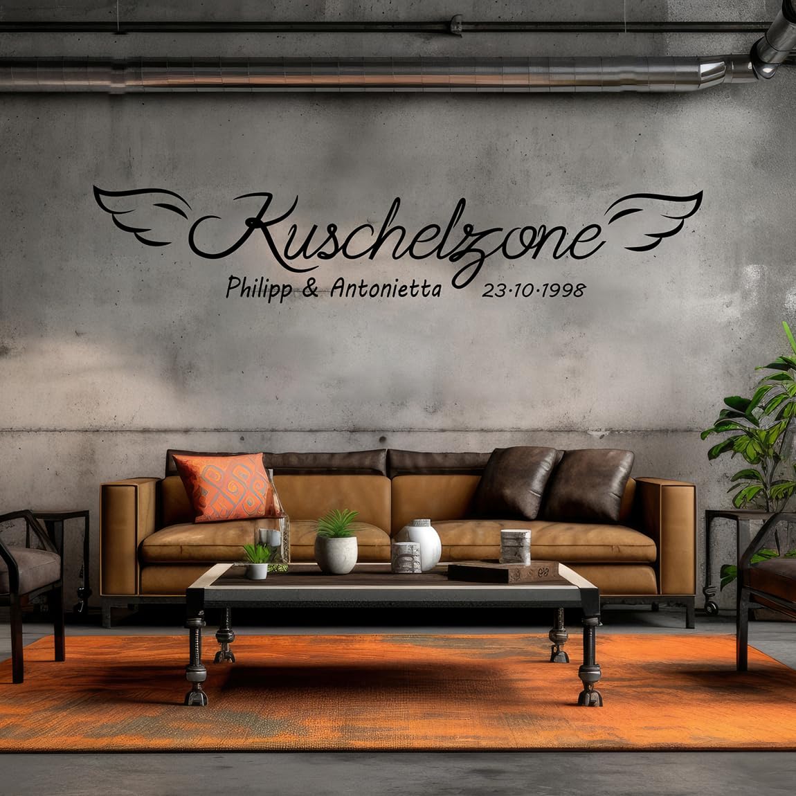Tjapalo® A13 Kuschelzone mit Namen und Datum - Wandtattoo für Schlafzimmer, Sprüche und Liebe - Farbe: dunkelgrau, Größe: B200xH40cm