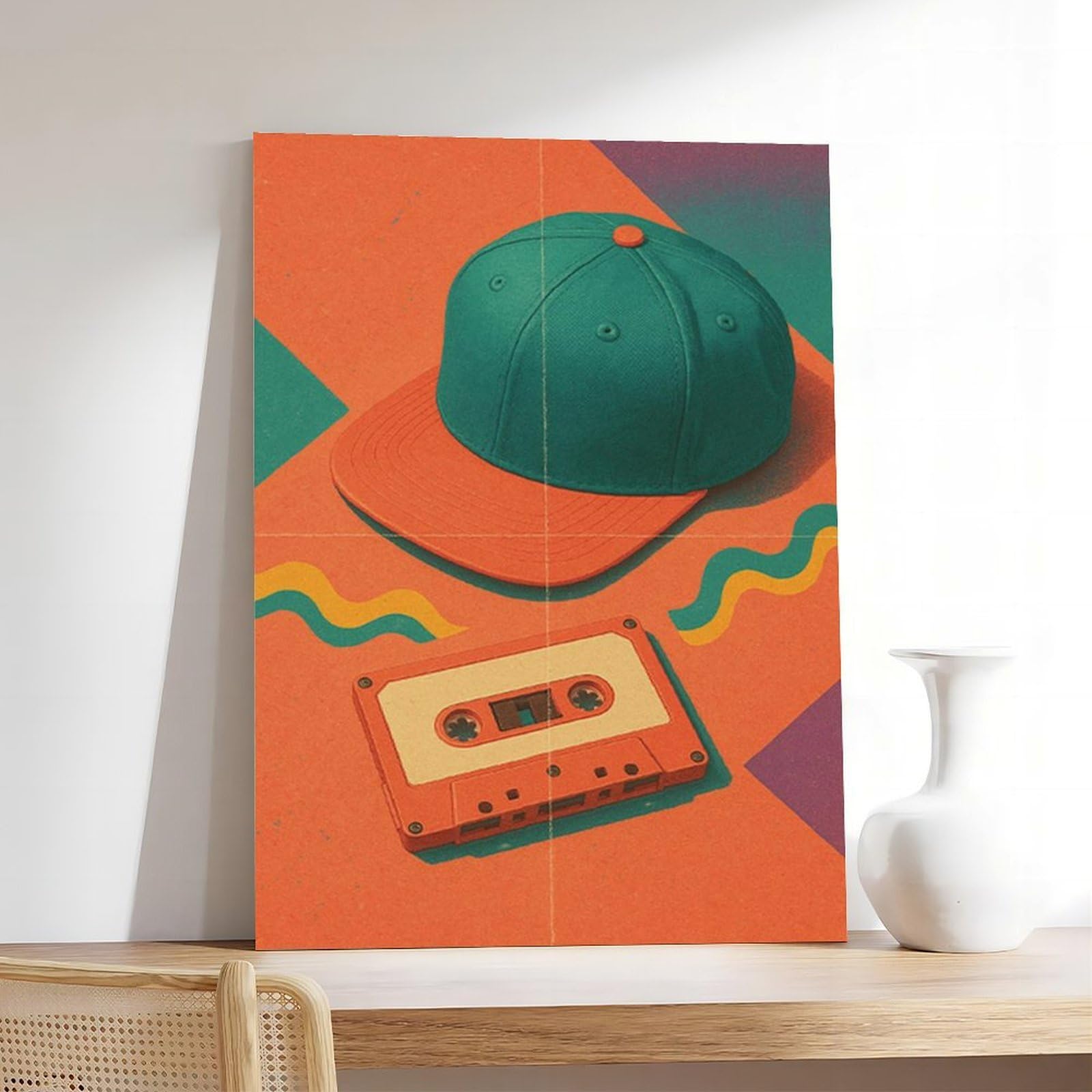 Poster su tela retrò anni '90 con nastro adesivo e cappello hip hop, decorazione artistica da parete per soggiorno, camera da letto, decorazione, 61 cm L x 91,4 cm W