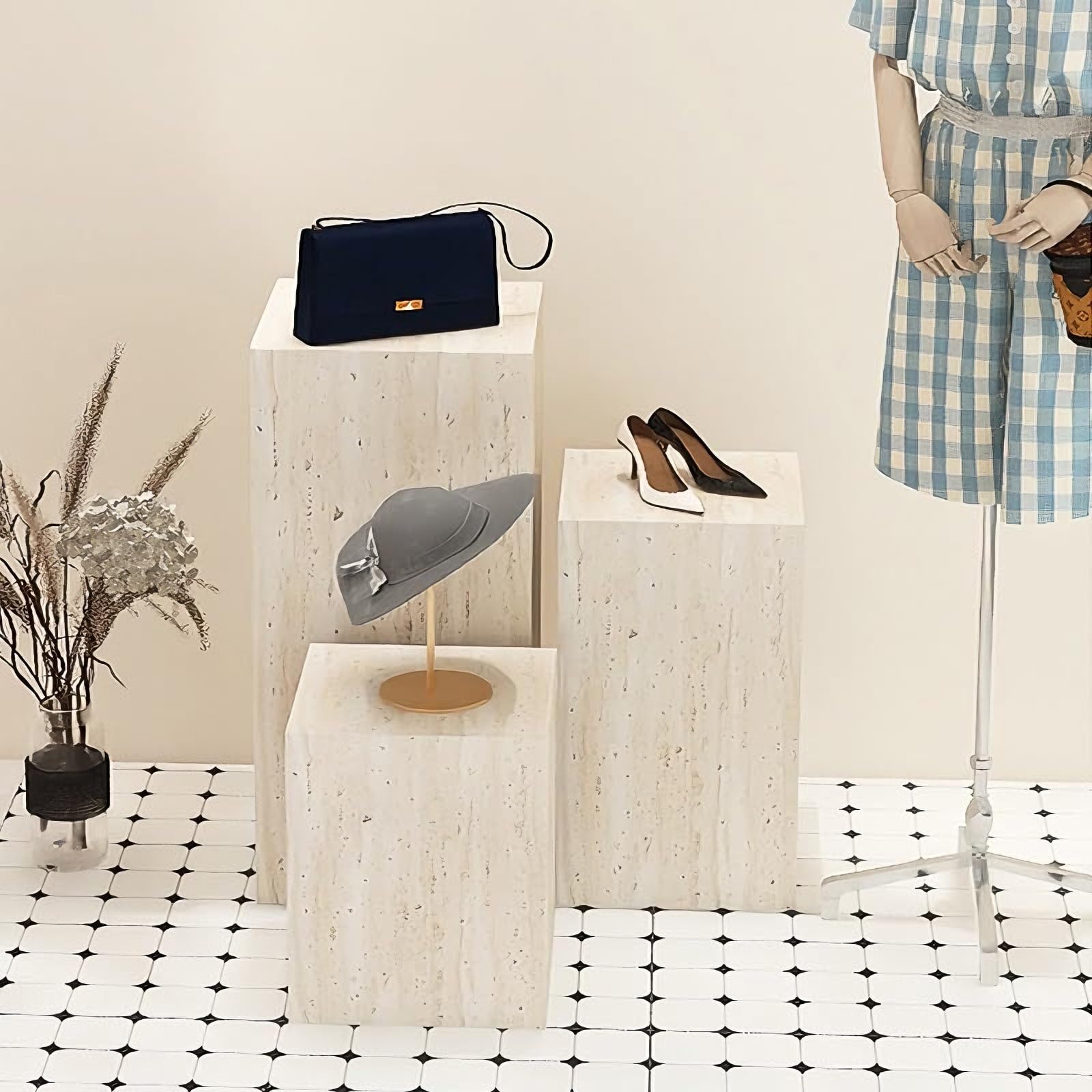 Soporte de pedestal de maniquí, pilares cuadrados para decoración artística, patrón de mármol de imitación para decoración de entrada y eventos