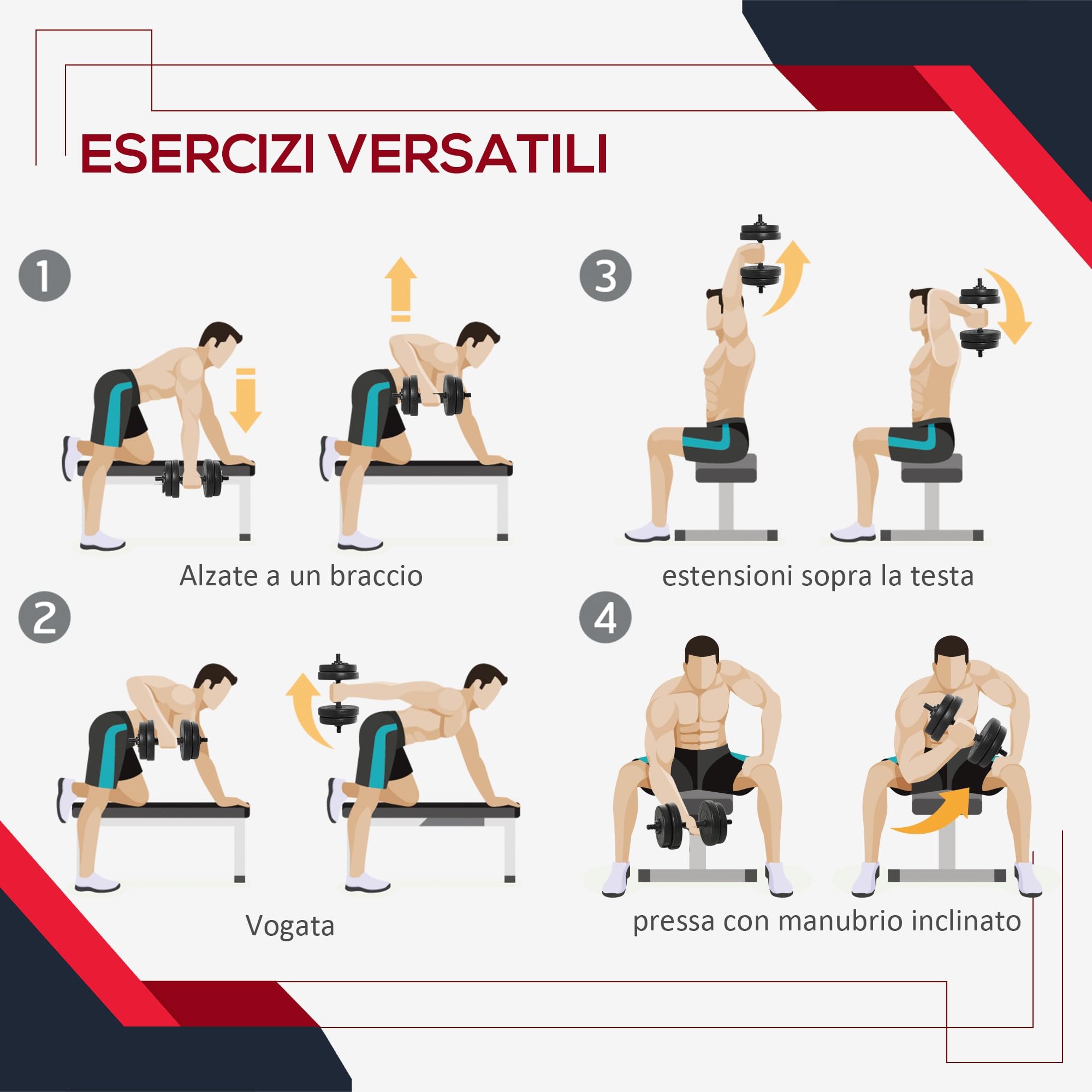 HOMCOM Set Manubri Palestra 20kg (4x2.5kg, 4x2kg), Pesi Palestra con 8 Dischi da 2kg, 2.5kg, Ø25mm, per Allenamento a Casa