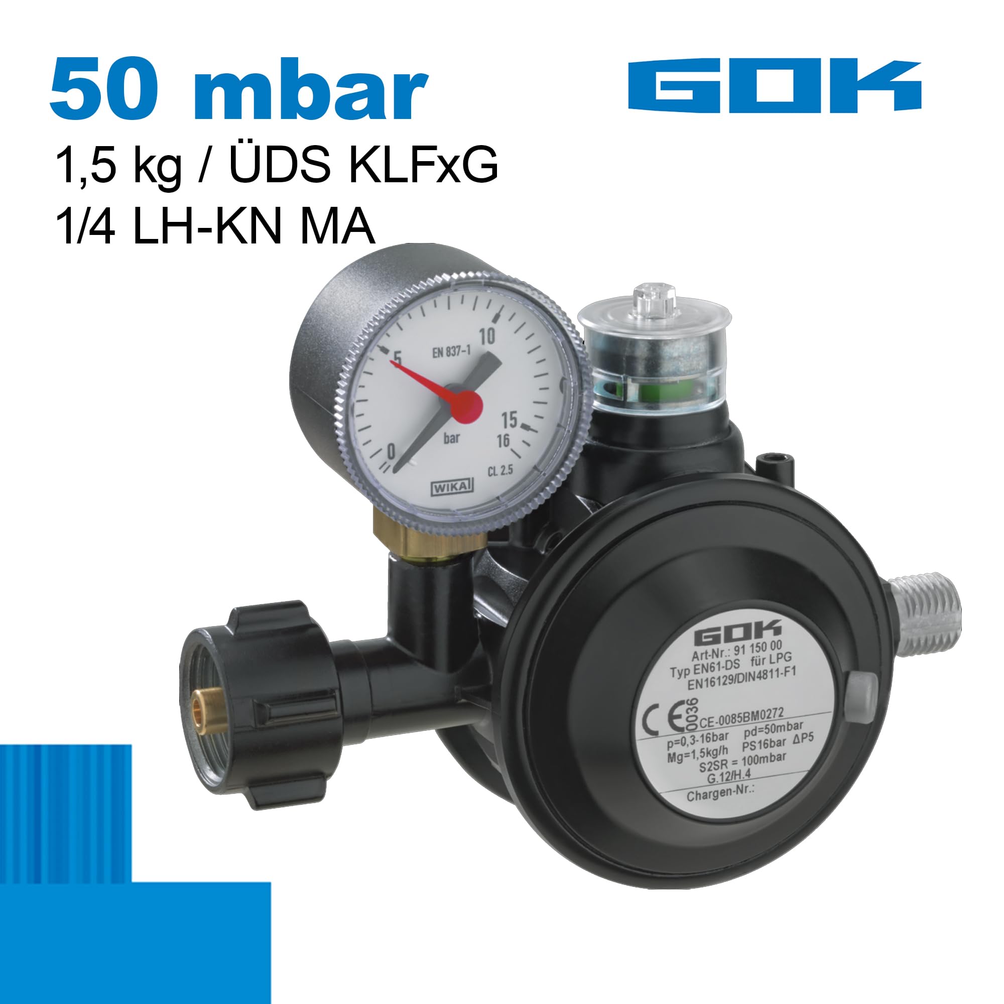 GOK Gasdruckregler EN61-DS PRO 1,5kg/h, schwarz, mit Manometer