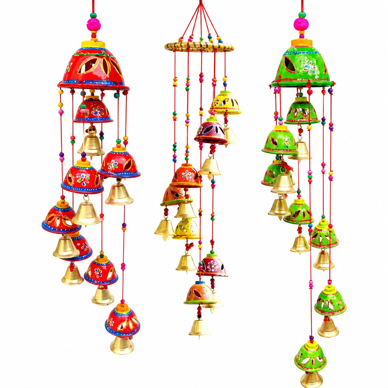 Decorative Hanging Bell Wind Chime Set of 3 | Colorful Traditional Indian Door Hanging with Multiple Bells and Beads | Ethnic Home Decor for Door Balcony Window Wall and Entrance-image-3