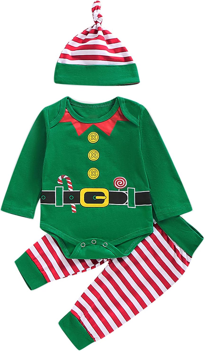 3PCS Baby Boy Girl Christmas Outfit Elf Long Sleeves Romper with Hat