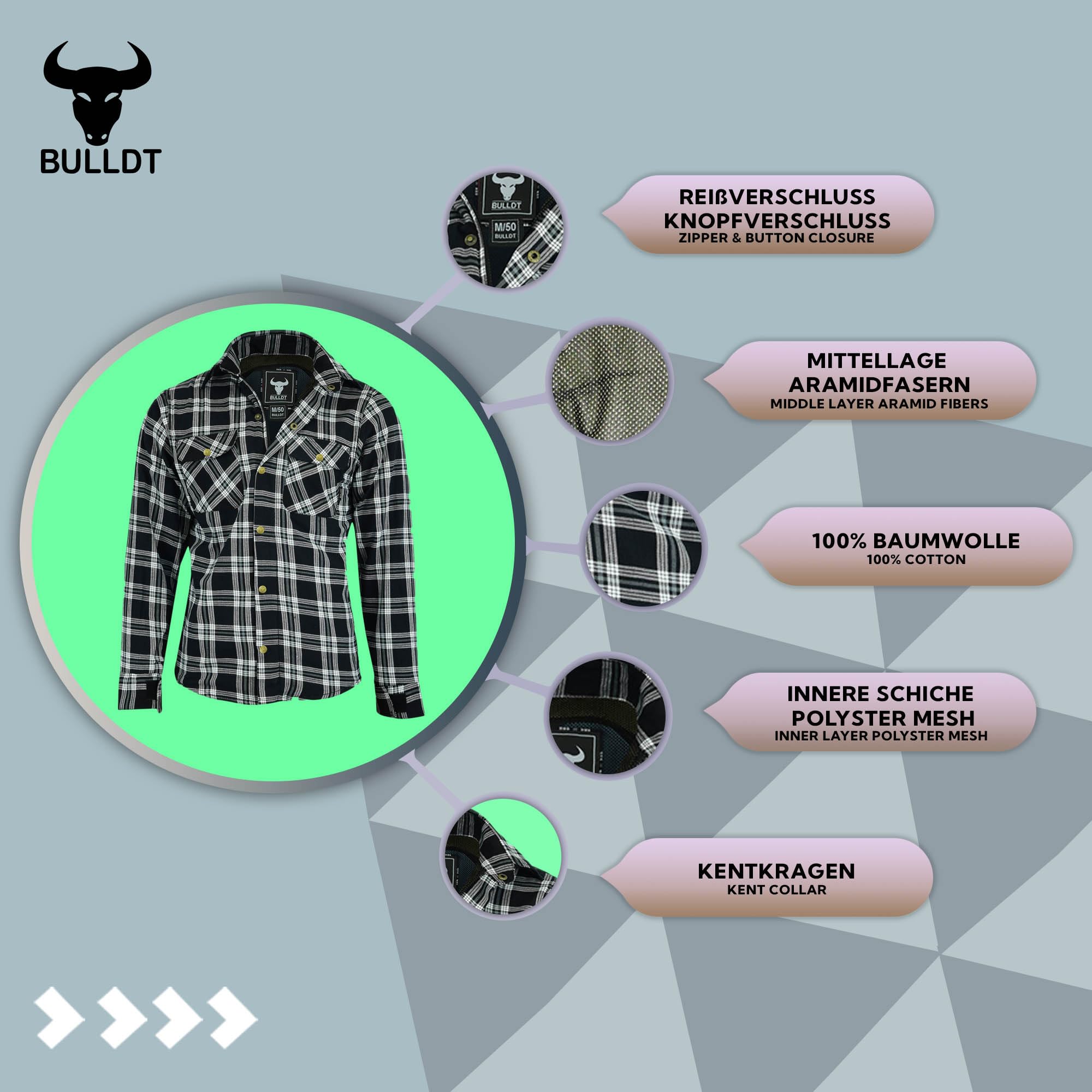 BULLDT Motorradhemd Herren mit abnehmbare CE-Protektoren - Klassisch 100% Baumwolle Holzfäller Flanellhemd - Biker Motorradjacke Hergestellt mit Aramid-Kevlar-Futter - Mit Schutz (EN 1621-1)