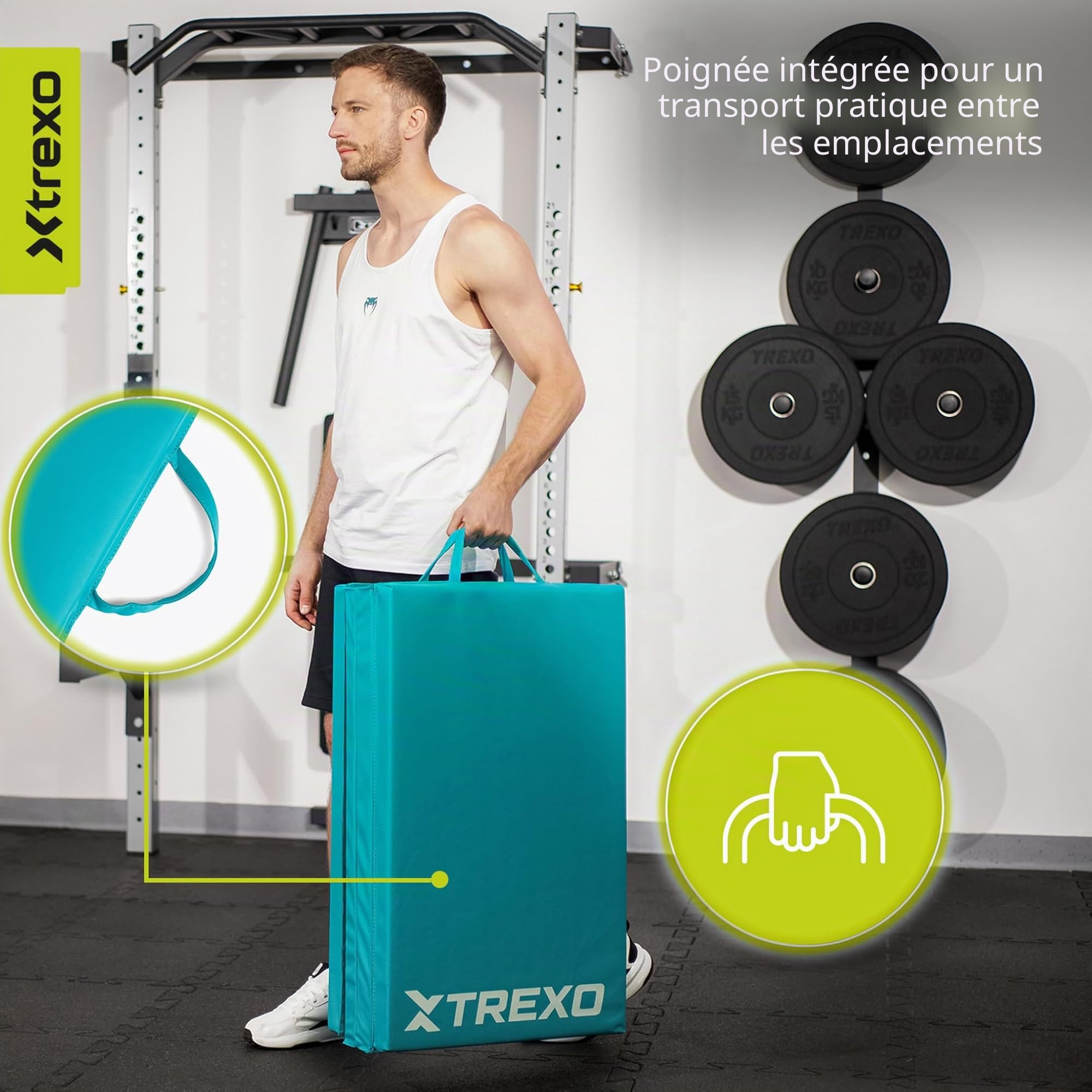 TREXO Tapis de gymnastique pliable - Tapis d'entraînement portable avec poignée, mousse EPE et revêtement en cuir synthétique