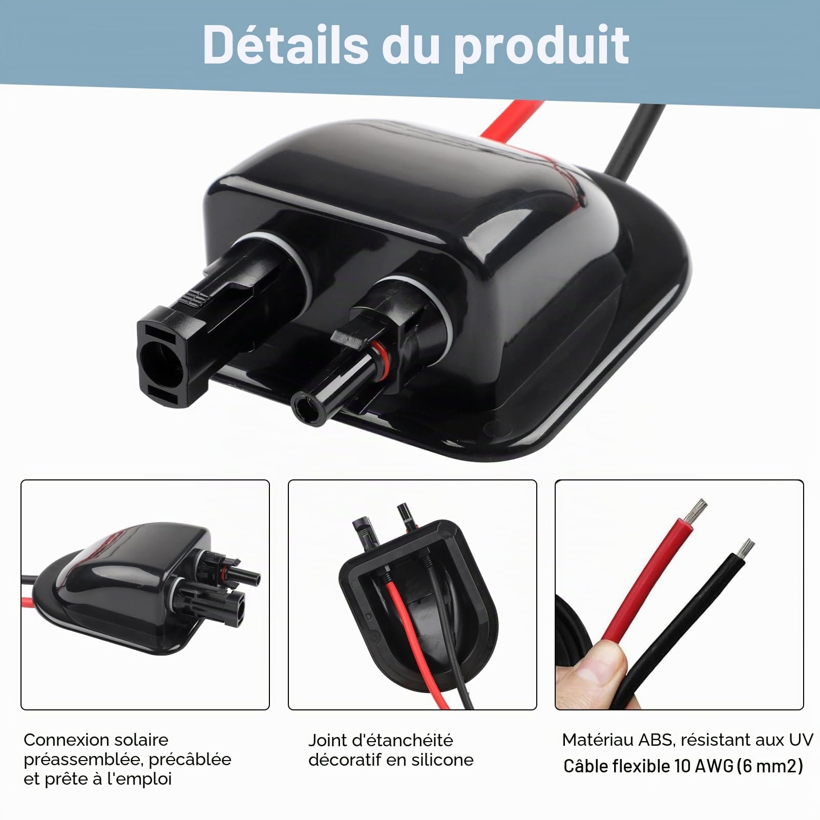 Passe-câble solaire, Passe Toit Etanche Panneau Solaire avec 300 cm Câble pour Camping Car, Caravane et Bateau, Pièces et Accessoires pour Camping Car, connecteur de câble double entrée de câble