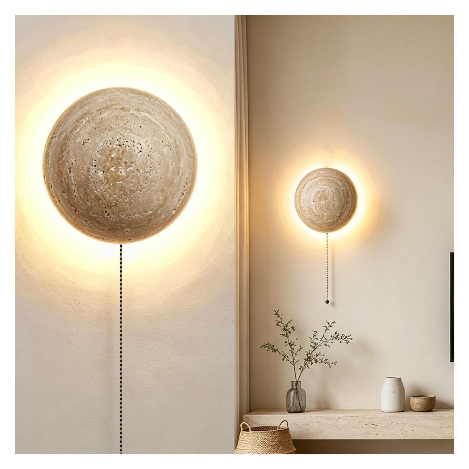 LUOYAOB Natural Yellow Cave Stone Wall Sconce Round Marble Wall Mounted Light Fixture 5.9 Inch Hardwired Indoor Modern Wall Lamp for Bedroom Living Room Bathroom Porch Hallway(Pull Cord)