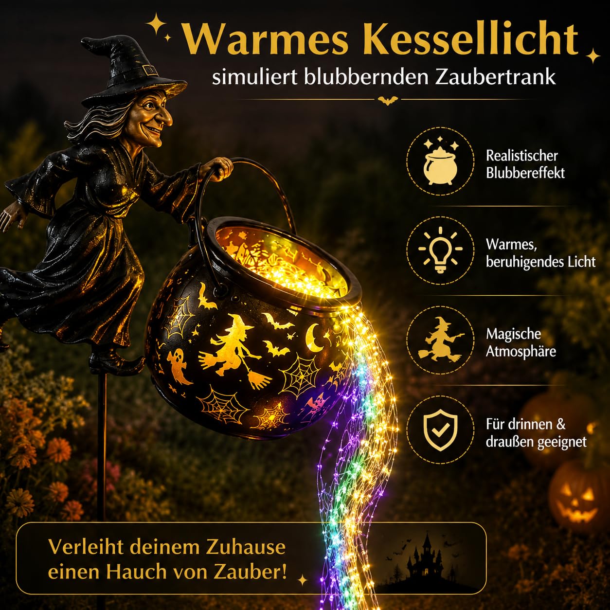 Leuchtender Halloween-Hexenkessel Mit Hexe, Halloween Witch Cauldron Garden Light, Wasserdichte HäNgelaterne – AußEndekoration FüR Gartenbeete (2PCS)