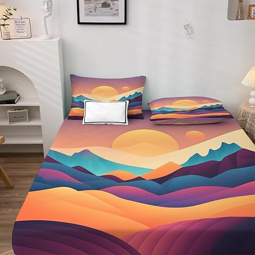 Miniatura 2 de Juego de sábanas de 5 piezas para cama tamaño King dividido, estilo bohemio de montaña, juego de sábanas y fundas de almohada estampadas, de