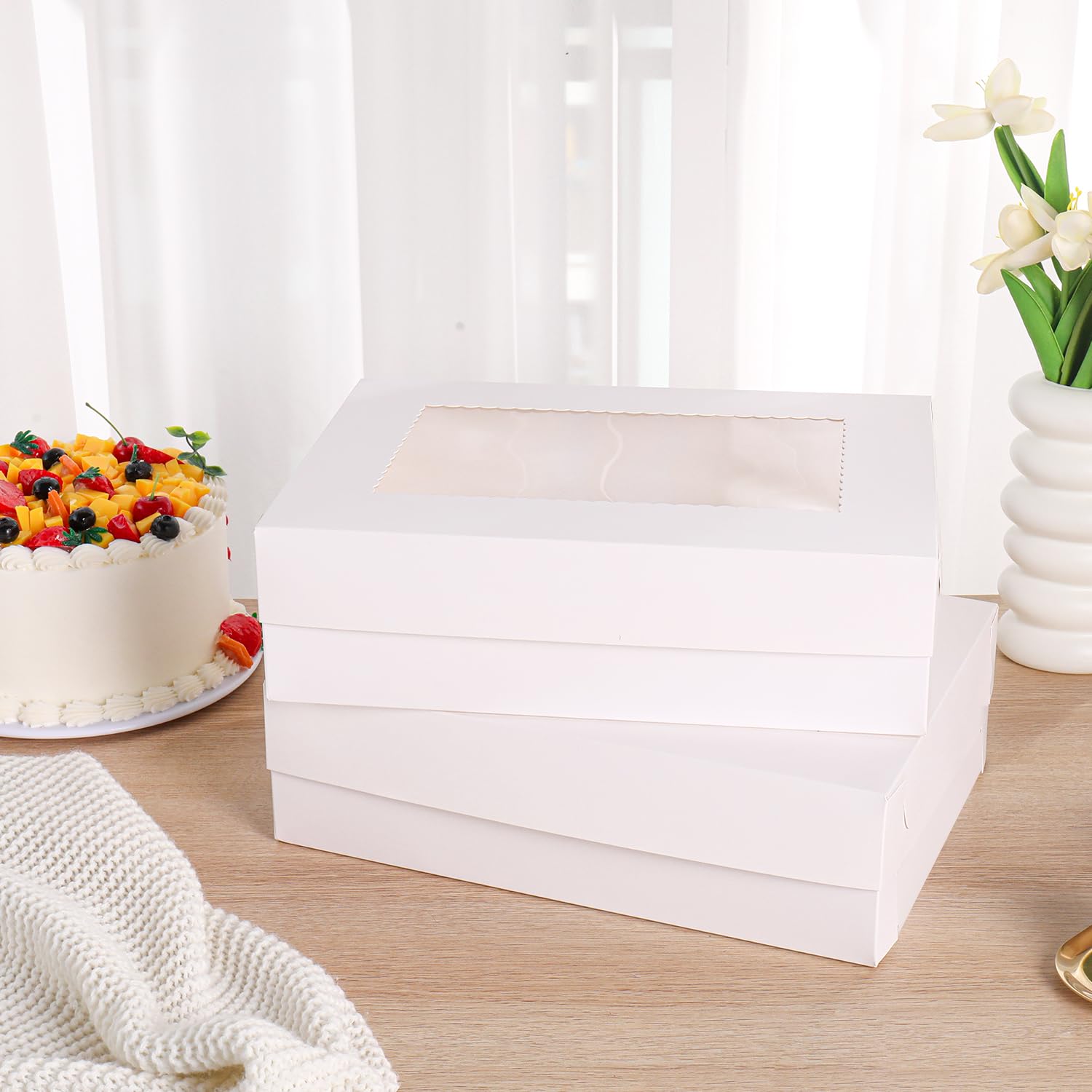JCD 12 cajas para tartas de 14 x 10 x 4 pulgadas, cajas blancas para panadería, cajas de pastel de cuarto de hoja con ventana, cajas rectangulares grandes para pasteles, pasteles, pasteles, donas,
