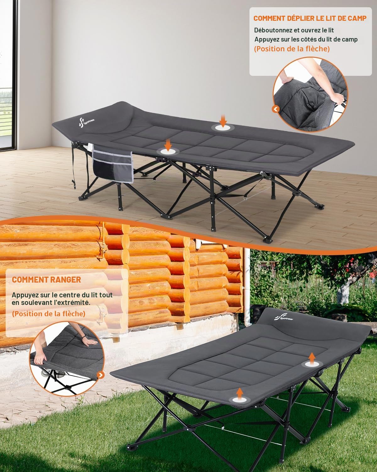 Sportneer Lits de Camping pour Adultes, lit de Couchage avec Coussin, Charge maximale de 204,1 kg, lit de Camping Pliable et rembourré pour Tente de Camping, Bureau, extérieur, Voyage