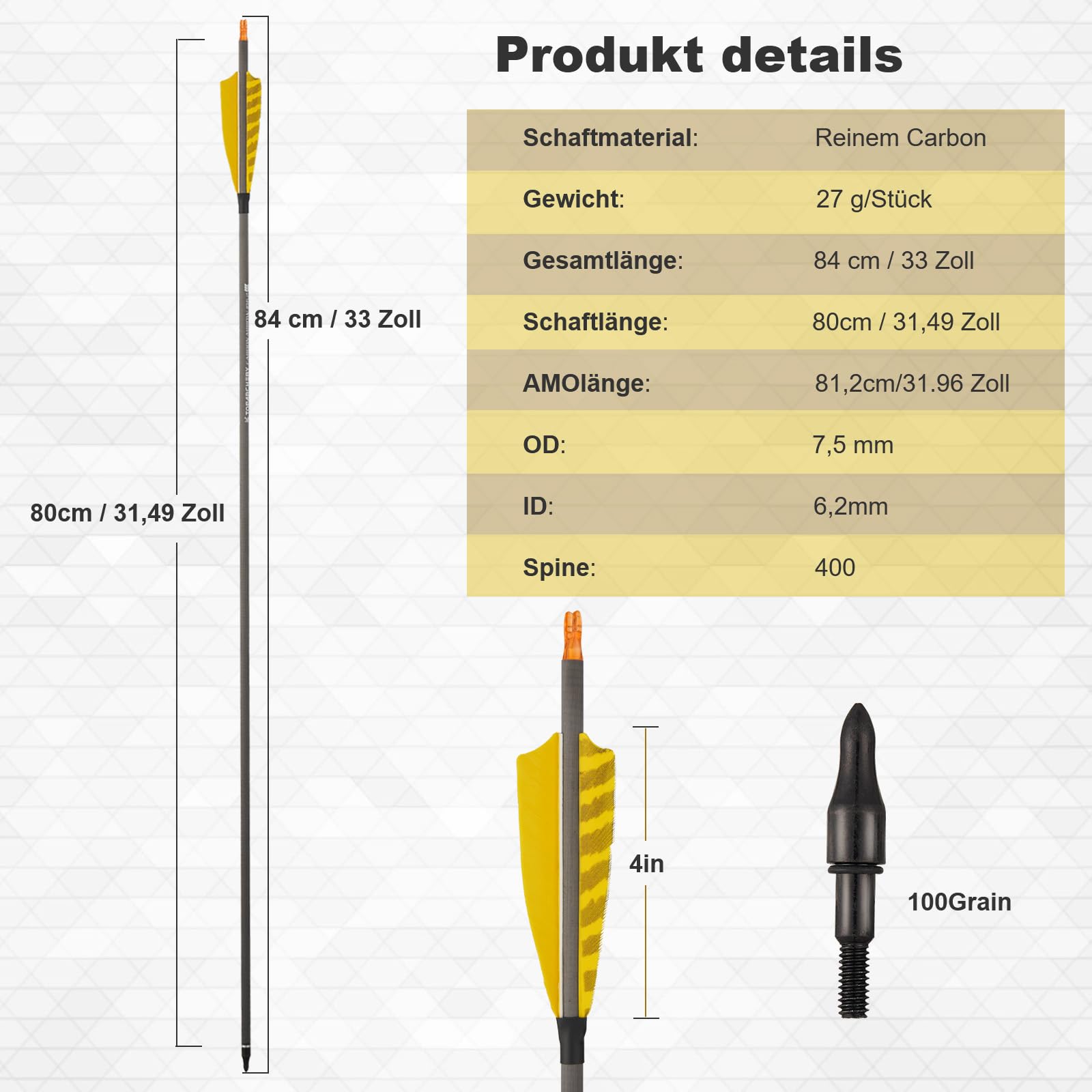 Toparchery 6er 31/32 Zoll Carbon Pfeile für Bogenschießen Bogenpfeile Jagdpfeile mit 4 Zoll Naturfedern Spine400 für Recurvebogen Compoundbogen