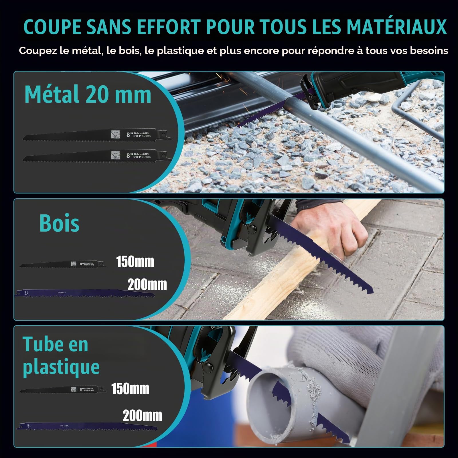Scie sabre sans fil compatible avec batterie Makita 18 V, scie sabre sans balais avec 3500 tr/min et 4 lames de scie, régulateur de vitesse en continu, pour couper le métal, le bois, le plastique