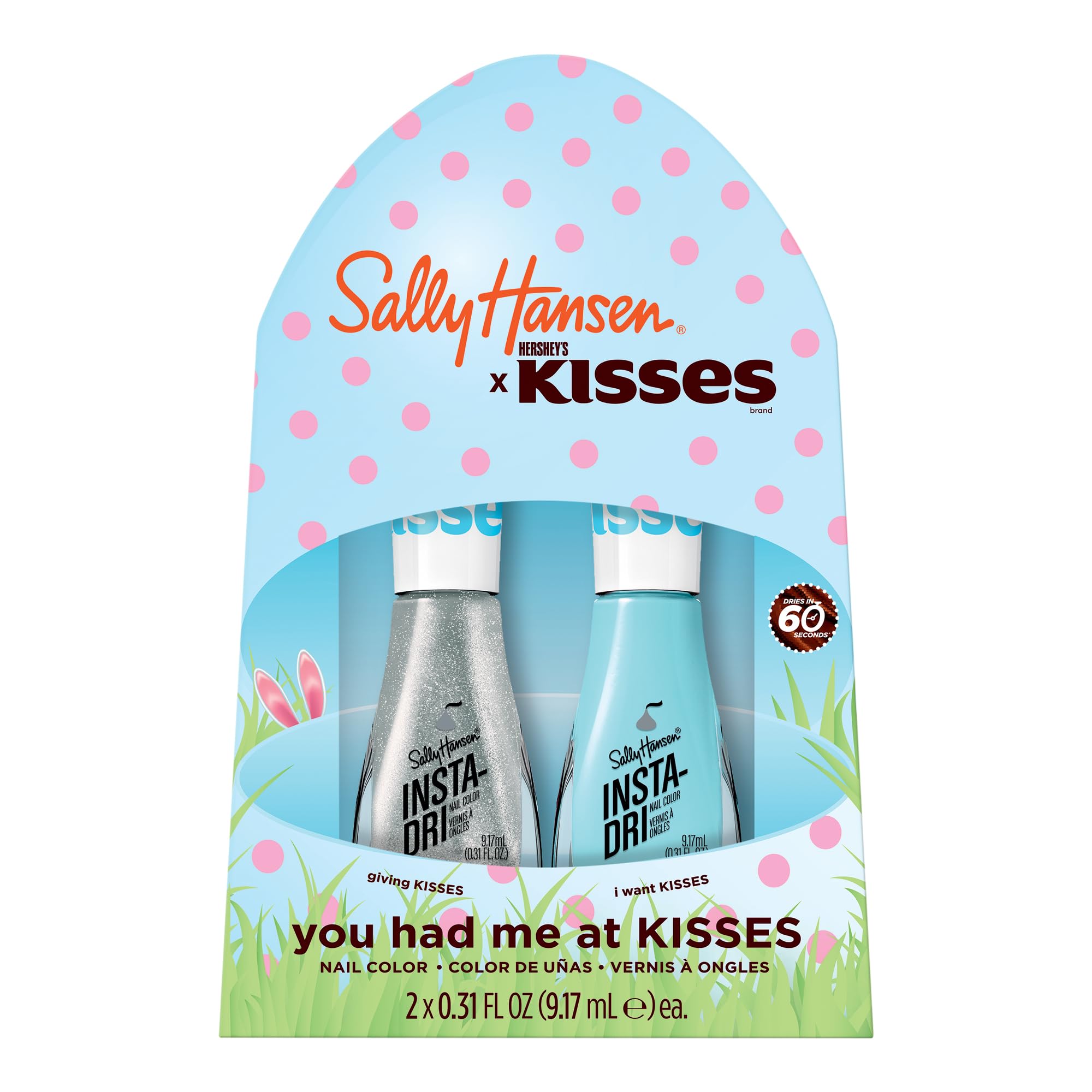 Sally Hansen Insta-Dri Hershey Kisses Nail Polish | Quick Dry, Long Lasting, Streak-Free Shine | Opaque, Shimmery | 726 Giving Kisses + 725 I Want Kisses | Silver and Blue Nail Duo.