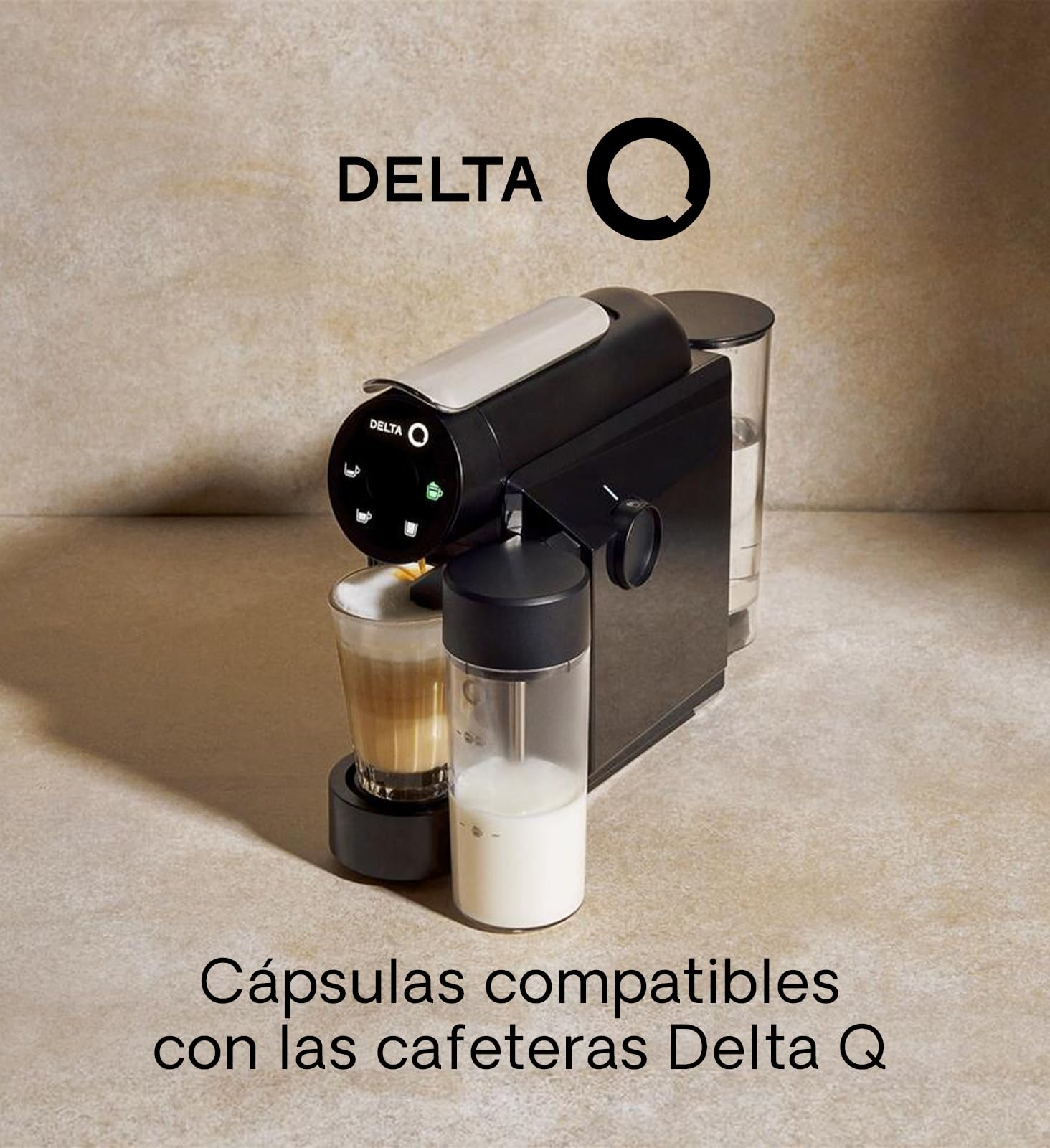 Delta Q | Cafetera Cápsulas Mini MilkQool Negro 20 Bares 0,6 L | Depósito de Leche, 40 Cápsulas Intensidad 10 + 10 Descafeinado