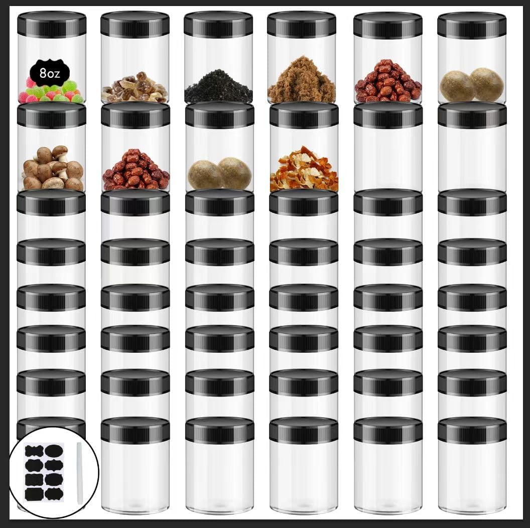 8oz Clear Plastic Jars With Lids, Airtight Container for Food Storage, Clear Plastic Jars Ideal For Dry Food, Peanut Butter, Honey Jam,Cosmetics, Cream, Bathroom and Storage(set of48) 8oz/48pcs