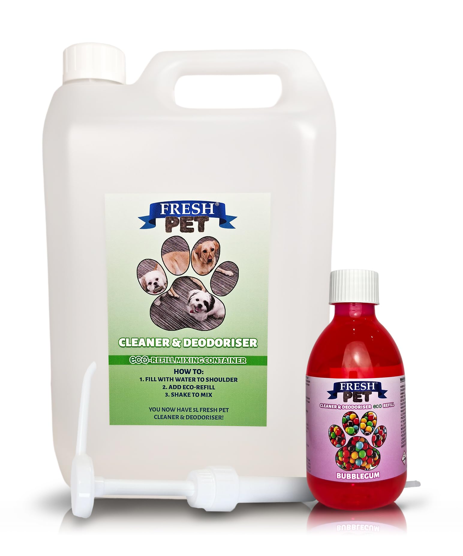 Trade Chemicals Fresh Pet eco-Refill Kennel Disinfectant 250ml w/Empty 5L + Pump (BUBBLEGUM)