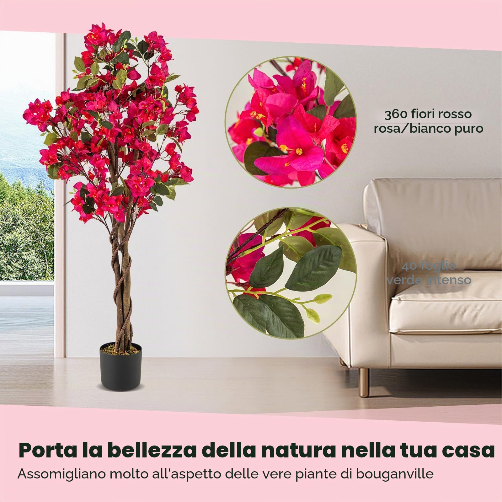 GIANTEX Bougainvillea Artificiale 120 cm, Albero di Buganville Finto con Fiori Aperti e Rami Realistici, Pianta Decorativa per Ingresso, Soggiorno, Ufficio, Rossa/Bianco (2, Rosso)