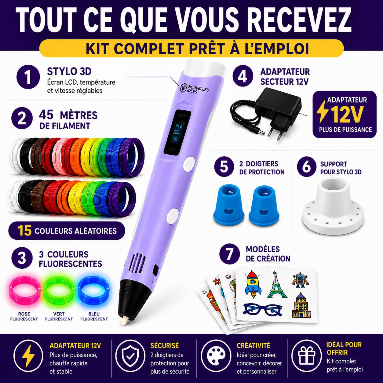 Stylo 3D de précision | Kit complet avec 45 m de filament PLA (15 couleurs) 3 fluorescents | Vitesse réglable | Outil pour travaux manuels et réparations Pen 3D