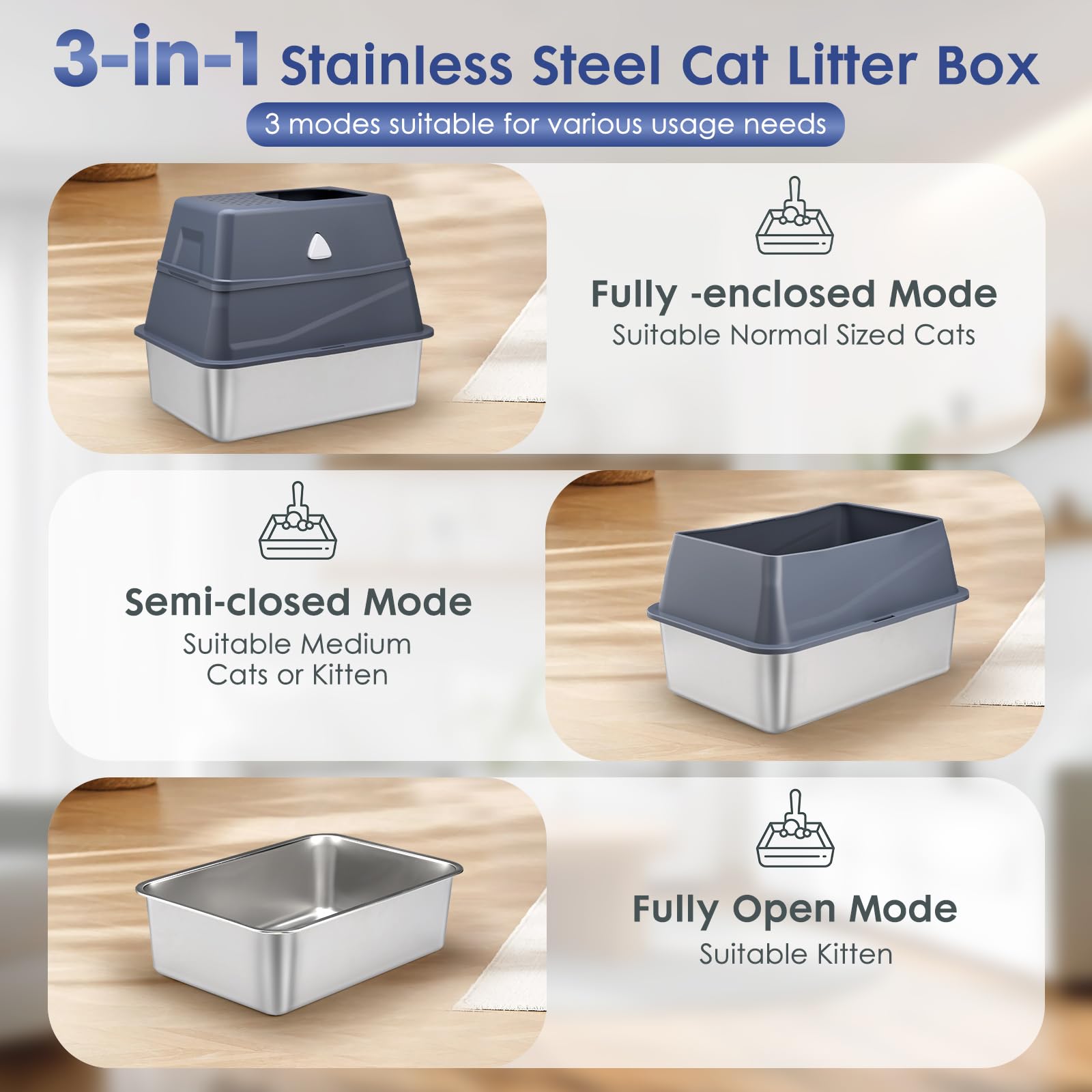 Modign Enclosed Stainless Steel Cat Litter Box with Lid, Top Entry Design,Dog Proof Protection for Cat Privacy, Includes Scoop, Suitable for Kittens, Medium or Normal Sized Cats (Grey) - image 3