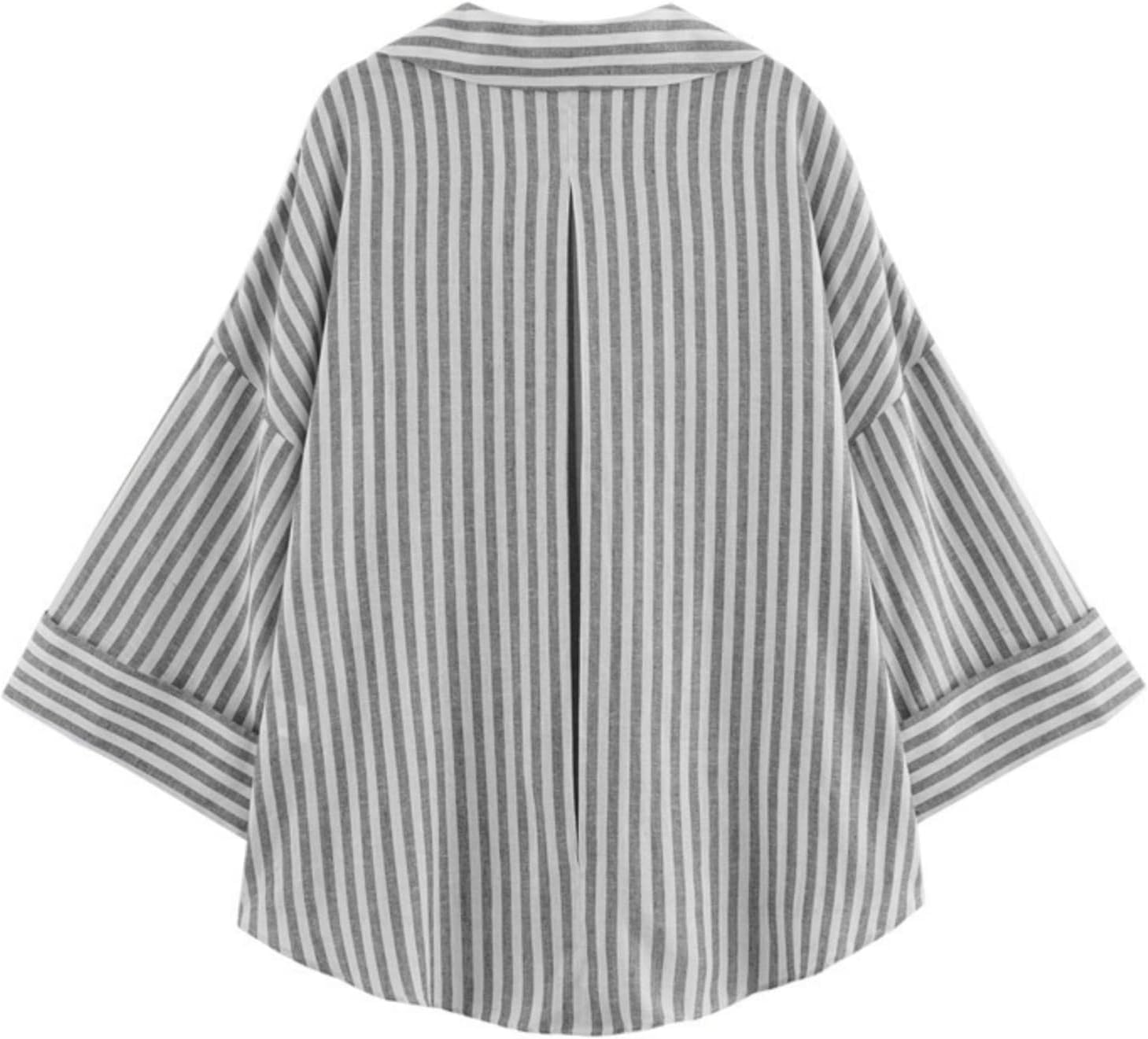 Womens Striped Button Down Shirts Lapel V Neck 3/4 Sleeve Casual Blouses Summer Loose Fit Tops - Image 3