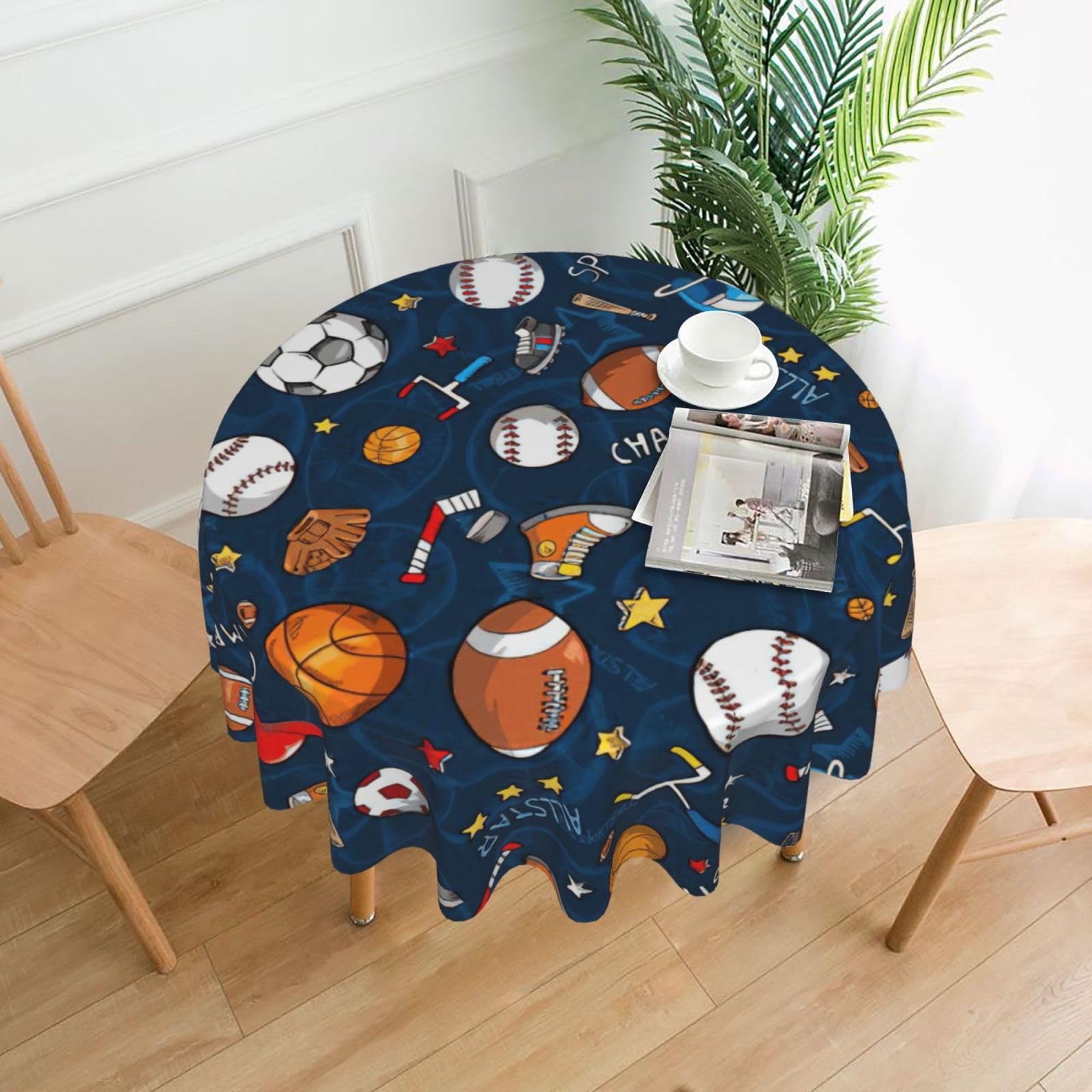 OKFSTY Baseball Basketball Football Hockey Print Round Tablecloth 60in for Wedding Elegant Polyester Cover for Party Reception Festive Dinner