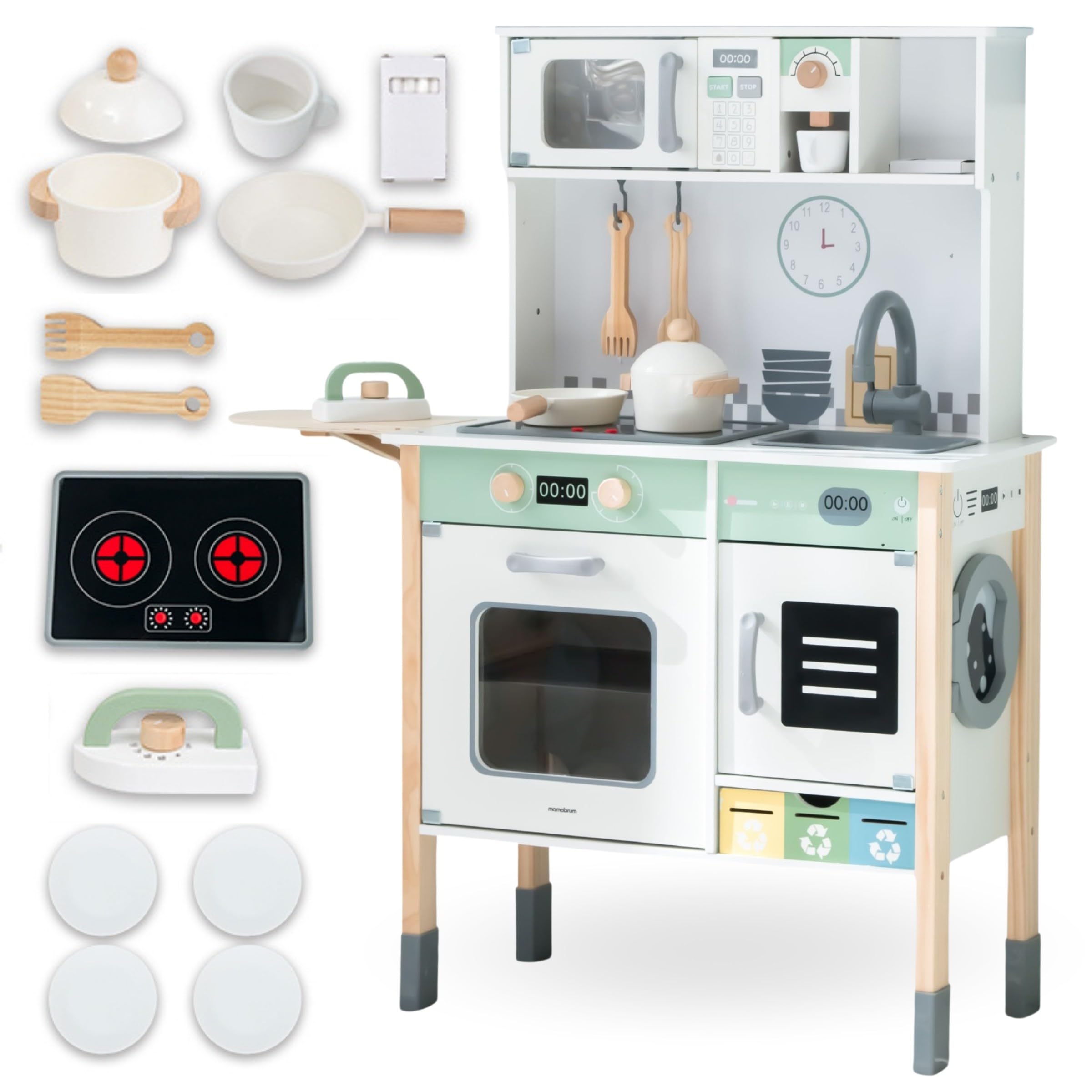 Mamabrum Cuisine en Bois Montessori Interactive – Plaque sonore & Lumineuse, Micro-Ondes, Lave-Vaisselle, Lave-Linge, Tableau Noir, Accessoires – Hauteur réglable dès 3 Ans