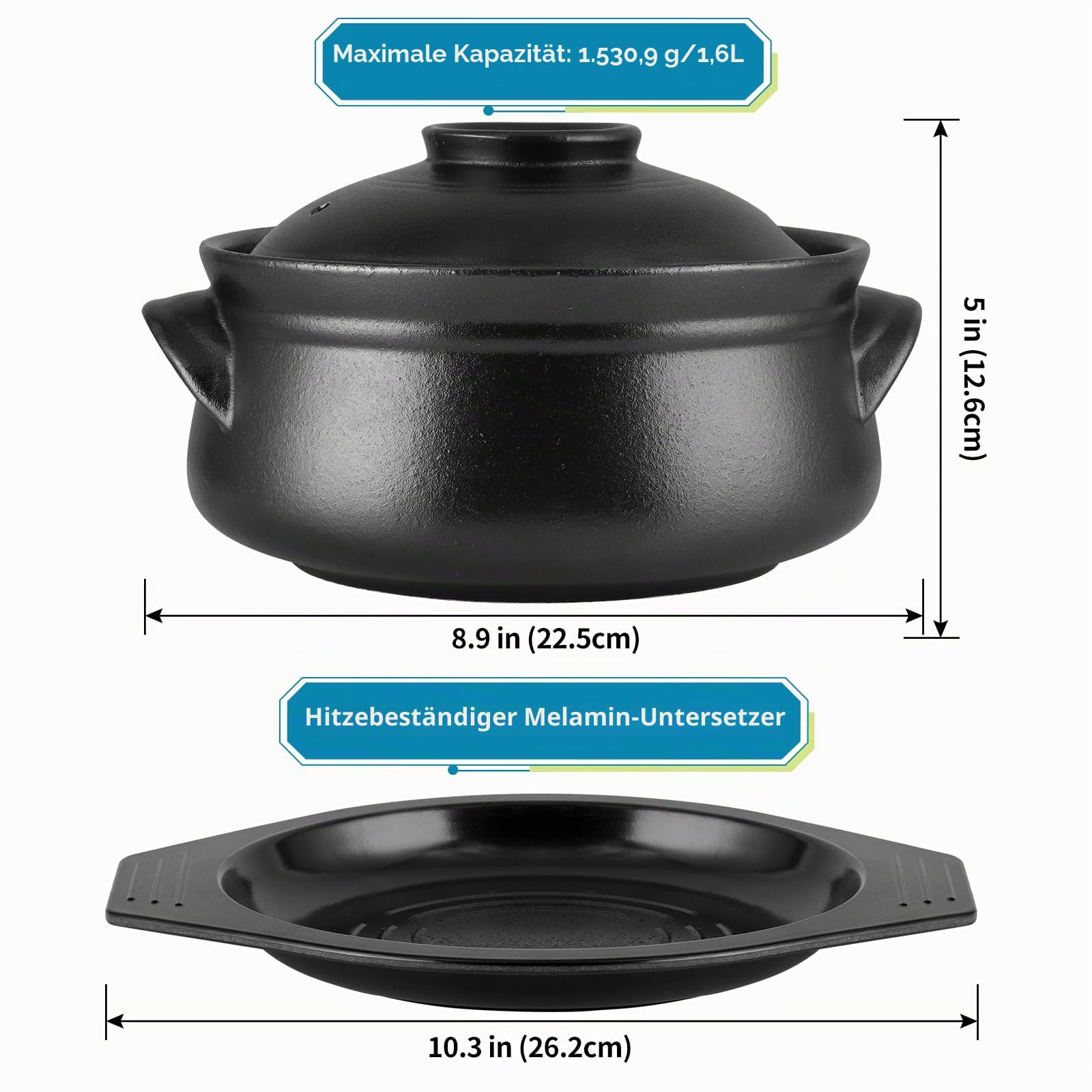 Skelang Koreanische Bibimbap-Schale, Keramikschalen, Meeresfrüchtepfanne mit Deckel und Tablett, zum Kochen von Nudeln, Suppe, Reis, Kapazität 1,6 L (Mattschwarz)
