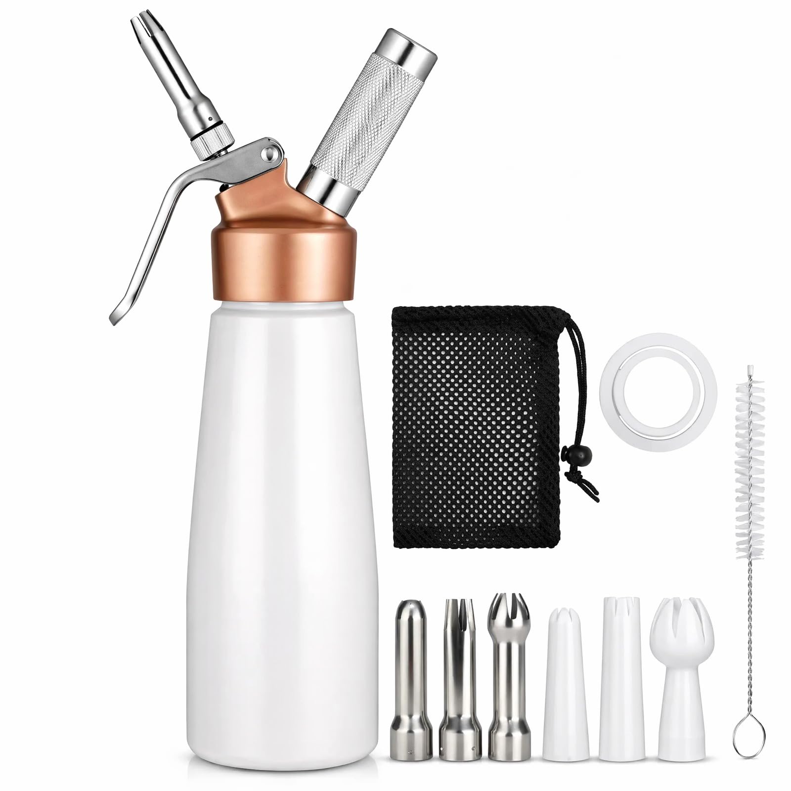 Professional Sahnespender, 0.5 Liter Aluminium-Legierung, Sahne-Peitsche, Kanister mit goldener Oberseite und 6 Dekorationsspitzen, für hausgemachte Schlagsahne (weiß) | Aluminiumlegierung, goldfarbene Oberseite, 6 Spritztüllen, für hausgemachte Schlagsah