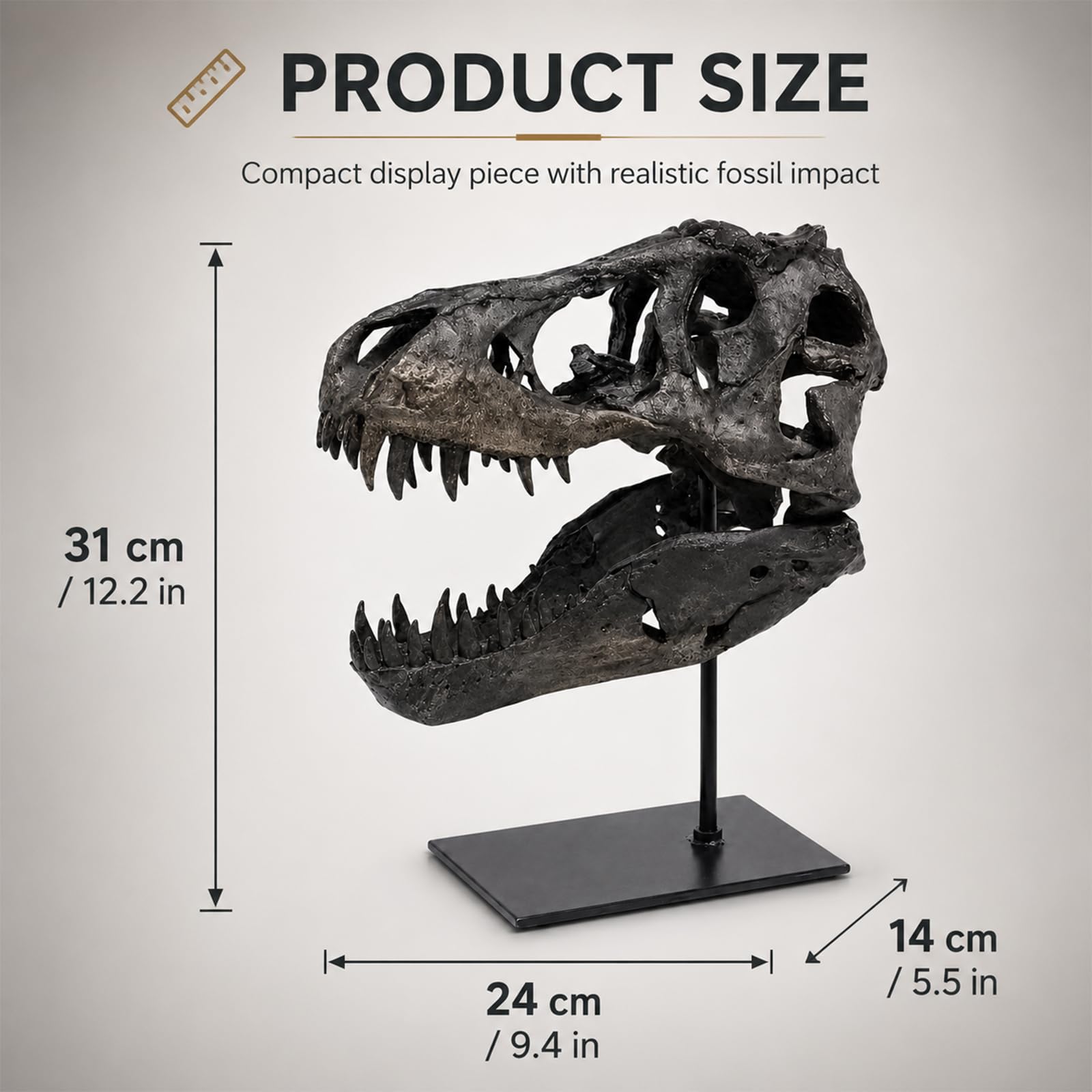 Statua a forma di teschio di dinosauro, in resina con supporto, supporto per sculture di dinosauro, per la decorazione della casa e dell'ufficio, 24 x 14 x 31 cm