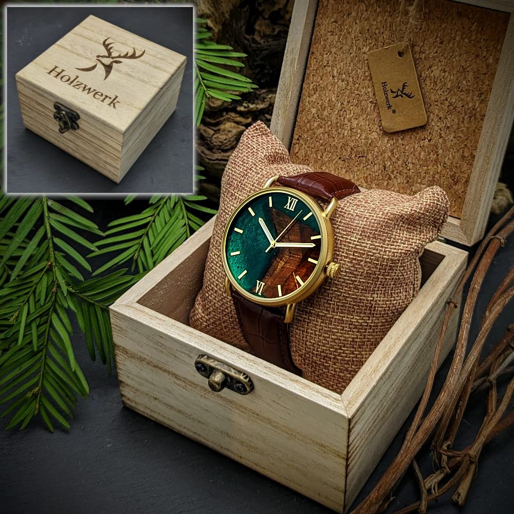 Holzwerk Germany® Designerski męski zegarek z żywicy epoksydowej naturalny drewniany zegarek na rękę analogowy klasyczny zegarek kwarcowy brązowy czarny złoty niebieski zielony z tarczą z żywicy