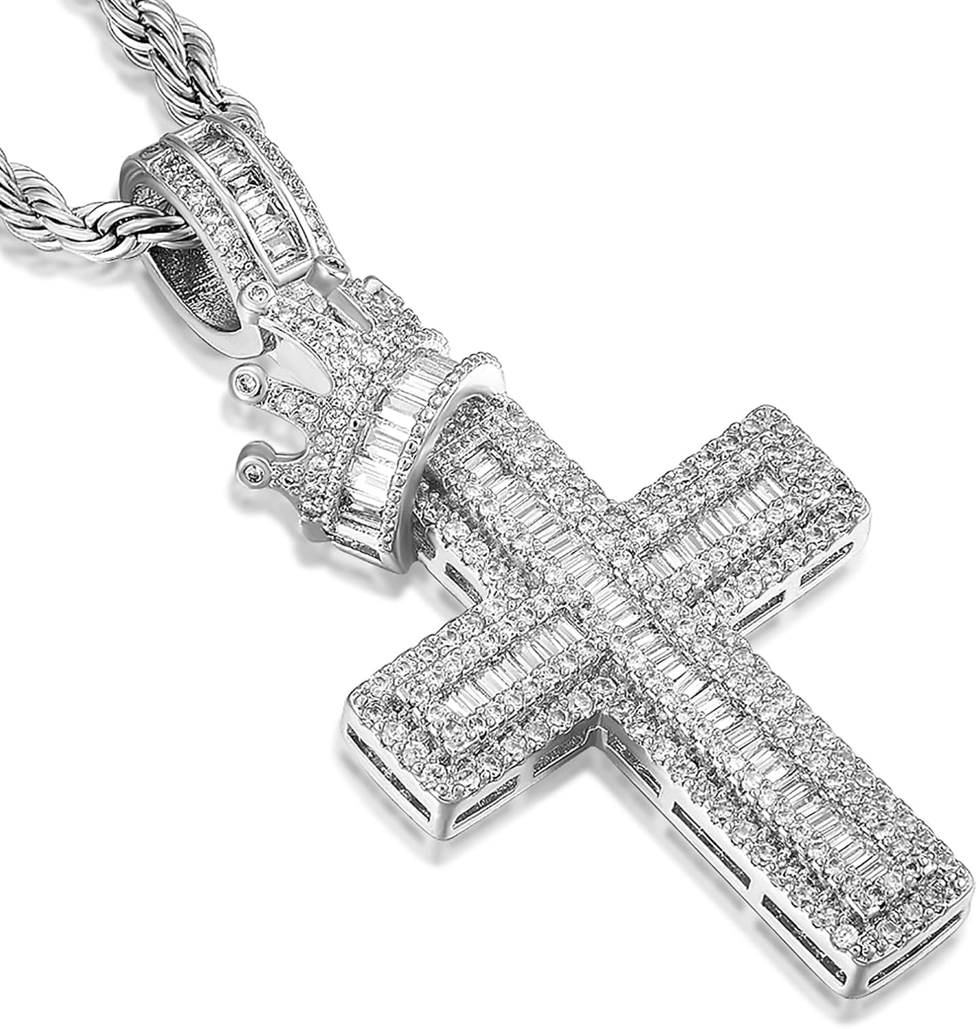 Men's Crown Cross Necklace - Copper Base with Silver and Gold Plating, Religious Cross Pendant Jewelry for Men