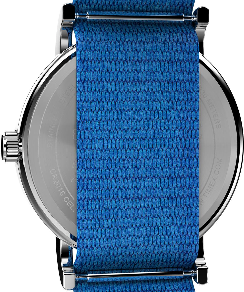 Timex Peanuts TW2W19400 - Orologio da donna da 38 mm, cinturino in tessuto blu con quadrante bianco e cassa argentata