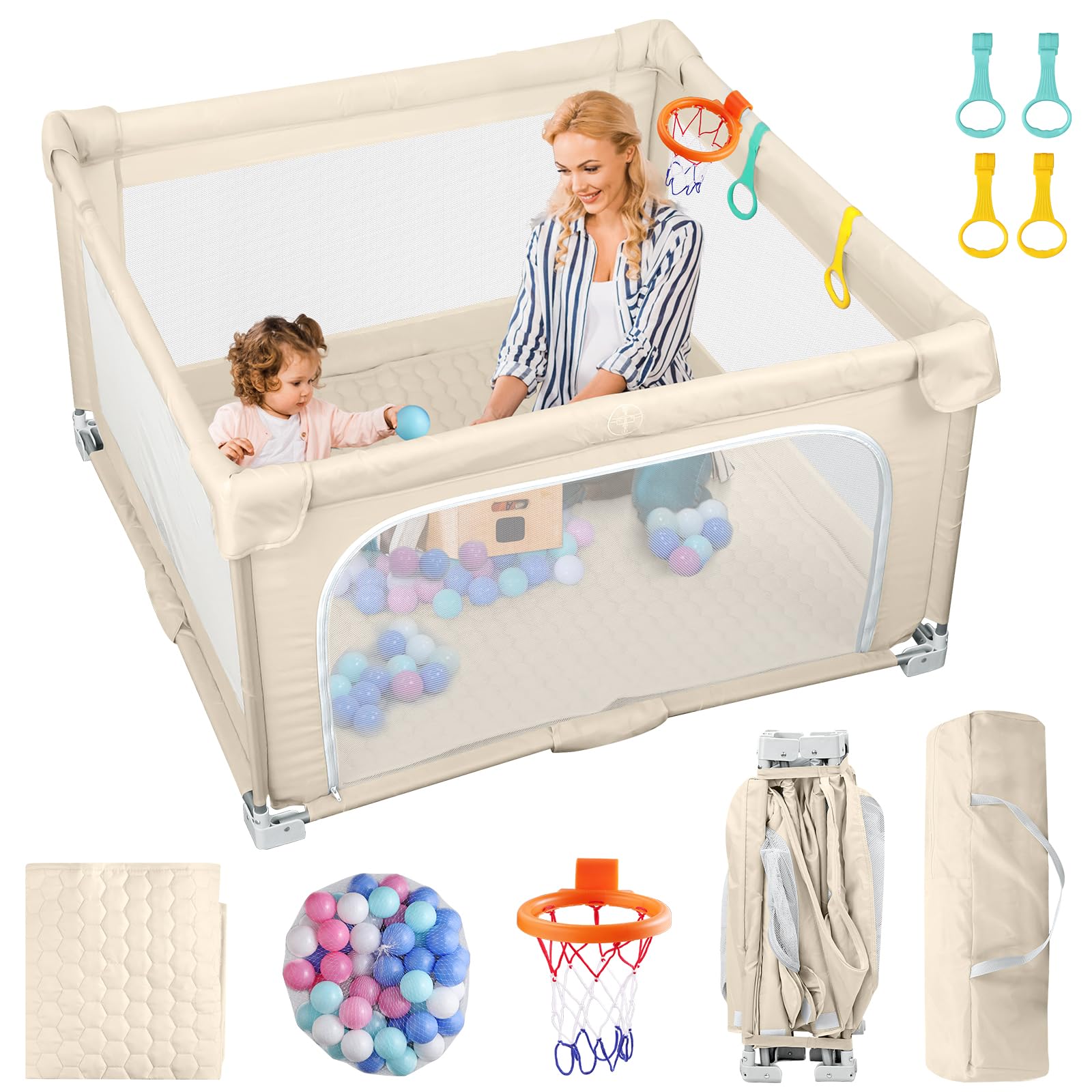 eSynic Parc Bébé Pliable 127 × 127 cm avec Tapis Sac de Rangement Balle Océanique Panier de Basket Parc de Jeux Bébé Portable Usage Intérieur et Extérieur Maille Respirante Tissu Oxford 210D -Beige