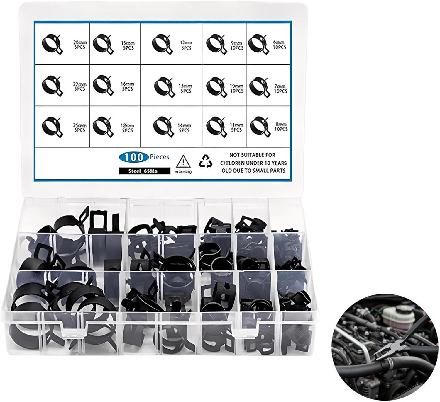 100 Pcs Black D-Coat Spring Band Hose Clamp Kit, 65Mn Steel, with Pliers, Japanese Style Rotating Clip for Automotive and Plumbing Systems
