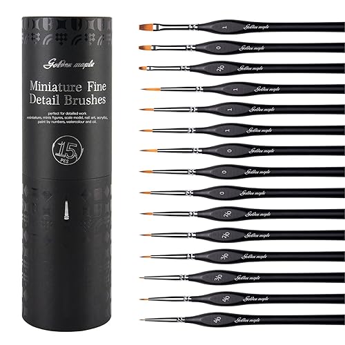 Golden Maple Miniature Paint Brushes, 15PC Model Brushes Micro Detail Paint Brush Set, Fine Detailing for Acrylics, Oils, Watercolors & Paint by Number, Figurine (Black) - Black