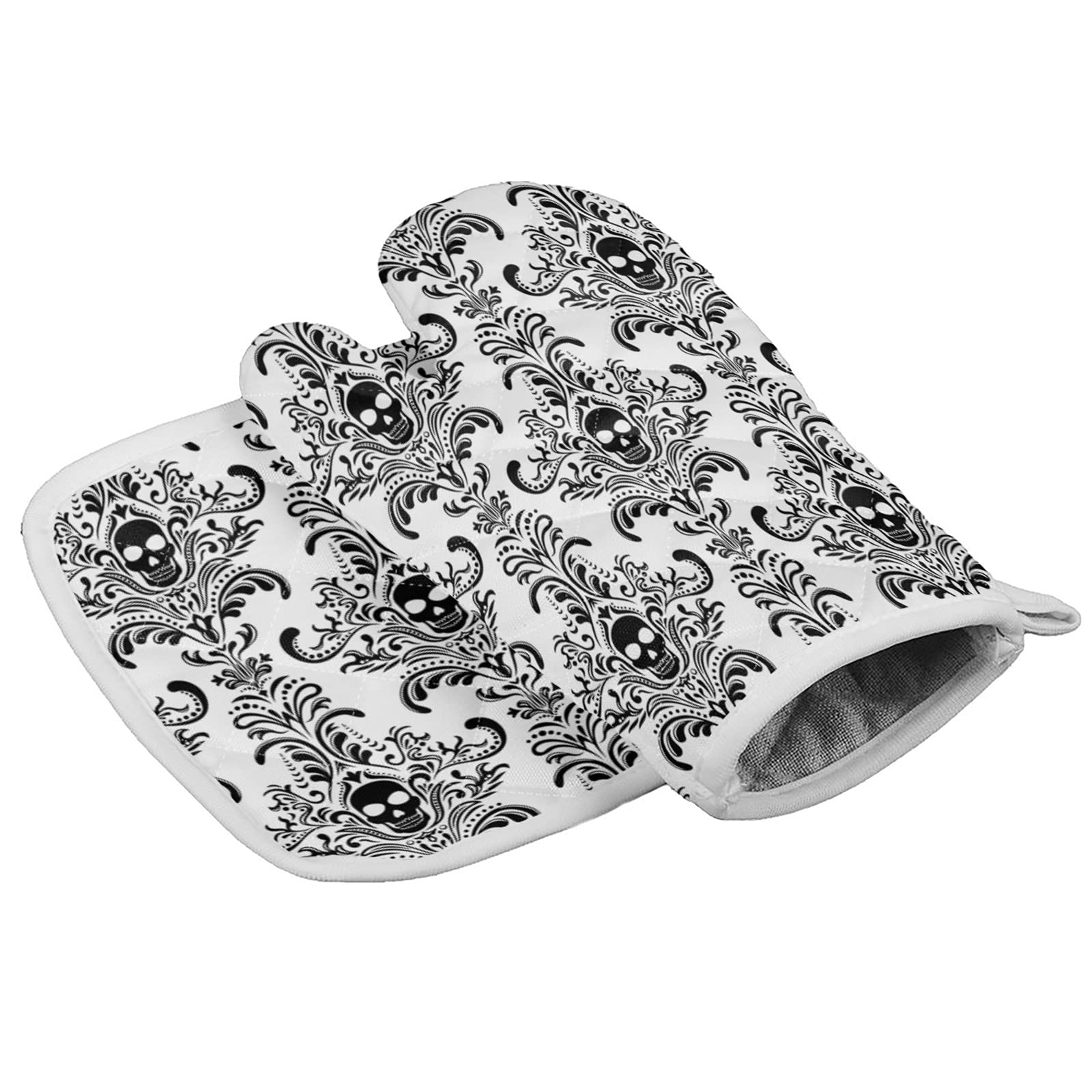 Lot de 2 gants de cuisine et maniques avec doublure en coton doux, motif tête de mort et fleurs d'Halloween
