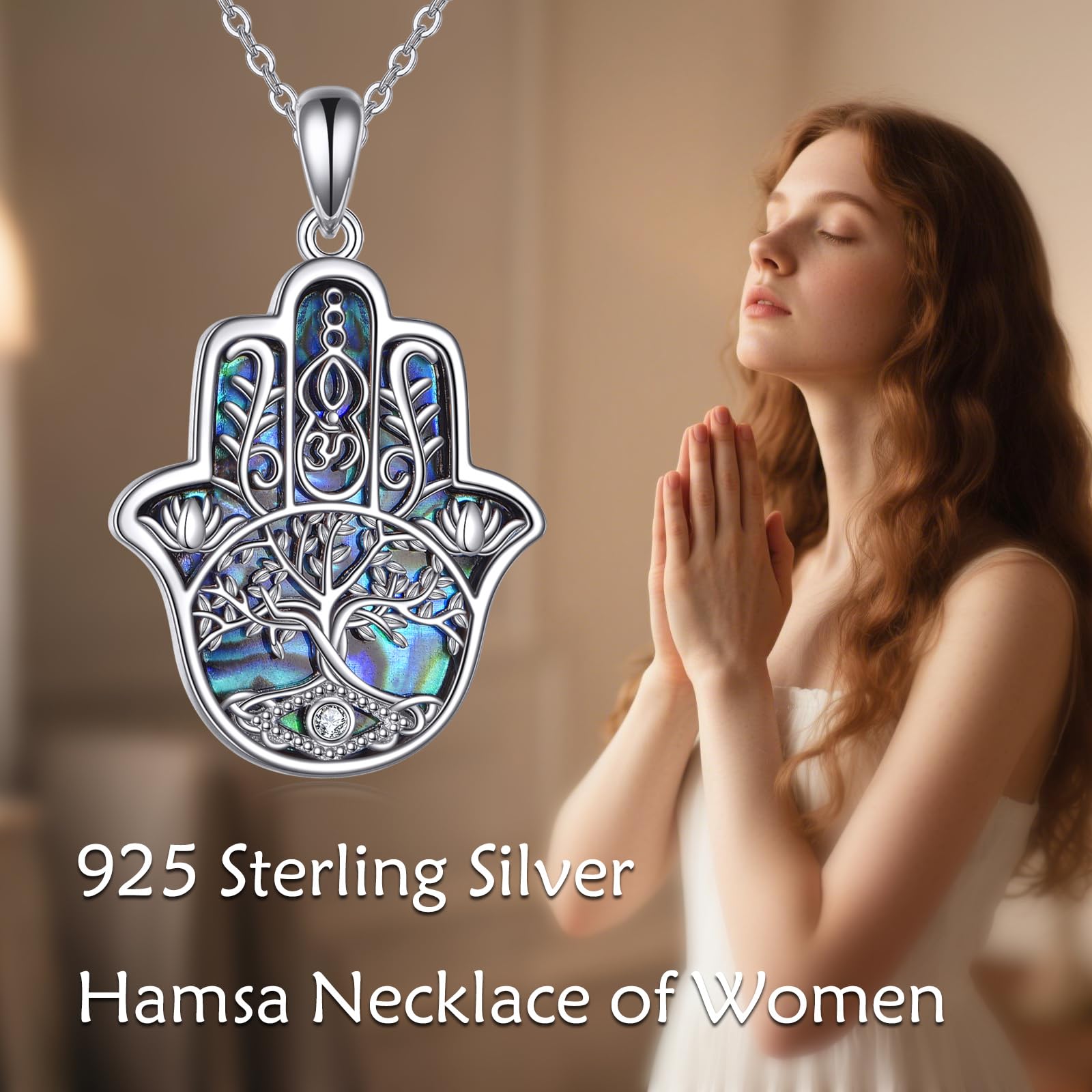 JERWLI Naszyjnik Hamsa ze srebra wysokiej próby 925, szczęśliwy wisiorek w kształcie lotosu i kwiatów, biżuteria na prezent dla kobiet, matek i przyjaciół.