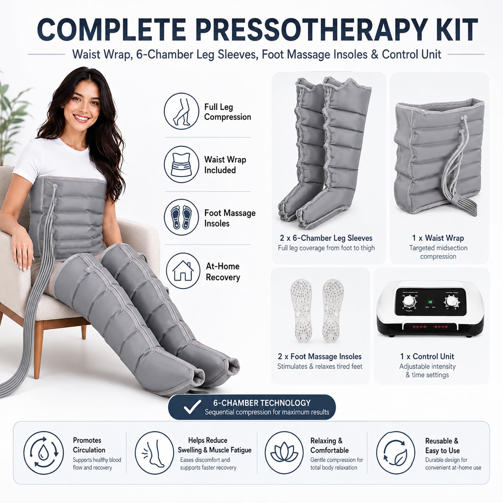 Pressoterapia per Casa,Massaggio Linfodrenante, con 6 Camere D’Aria | Massaggiatore Gambe a Compressione D’Aria, Pression Réglable, Timer Regolabile, Lipedema Gambe